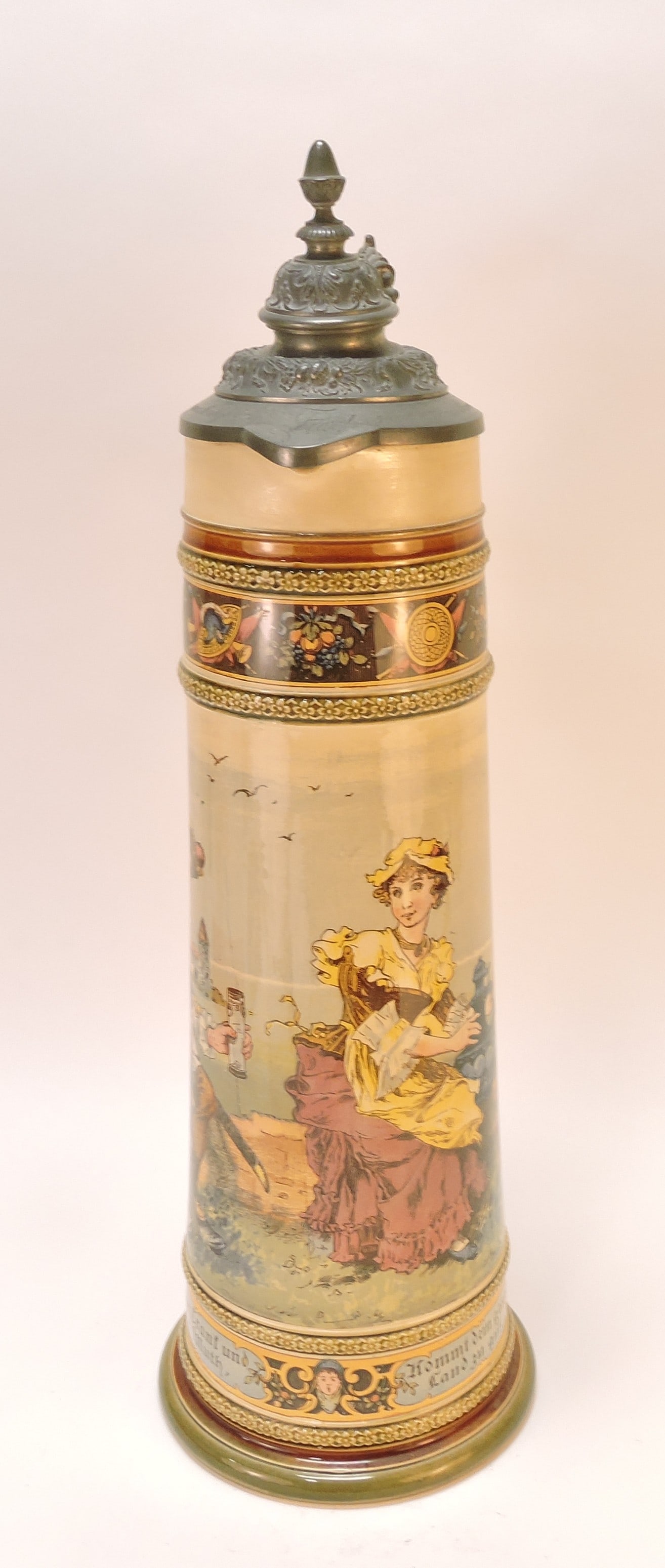 Mettlach #2270 large stein, 19 1/2", 3L,: lid slightly bent