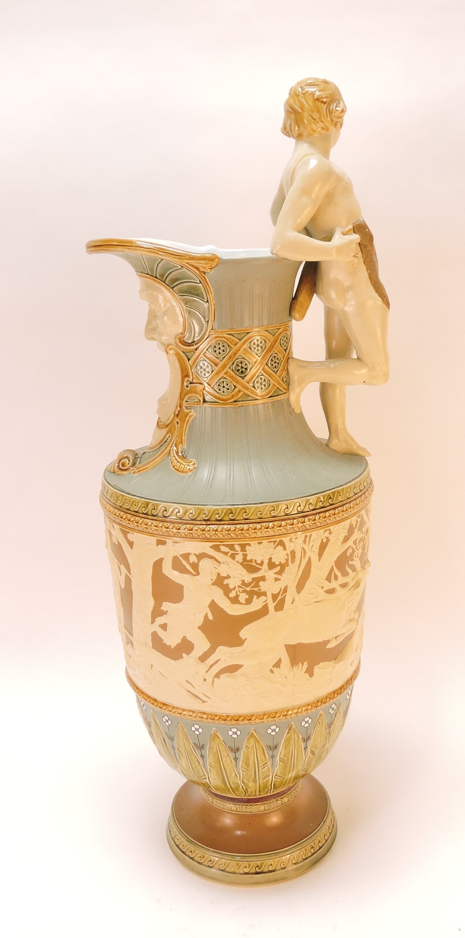 Mettlach 21 1/2" ewer, repair to handle: and base