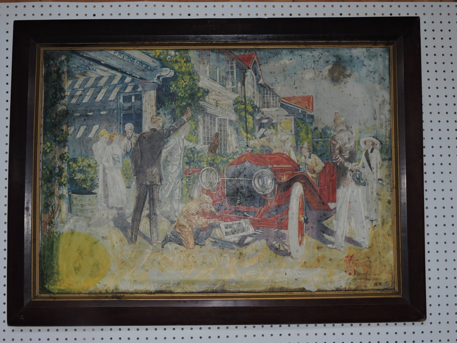I.W. Harper Whiskey 'The Parting Gift' framed: cloth oleograph with car graphics, dated 1912, 34"x46", tear, staining