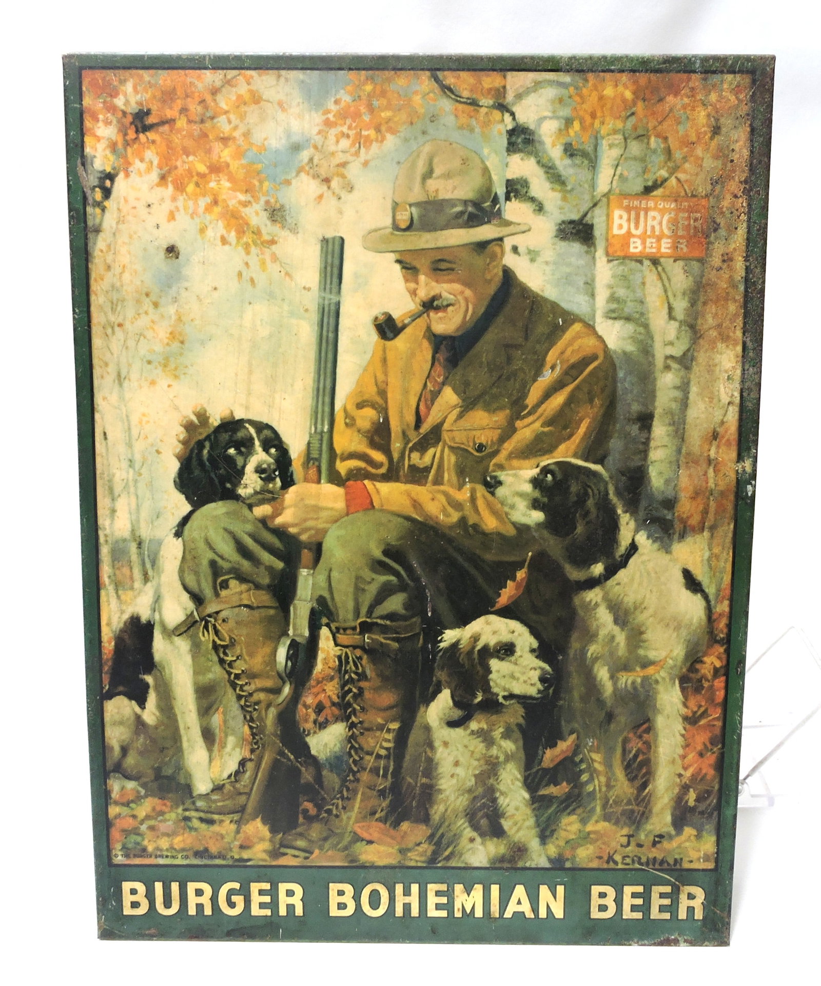 Burger Bohemian Beer tin over cardboard sign,: 20"x15", some wear
