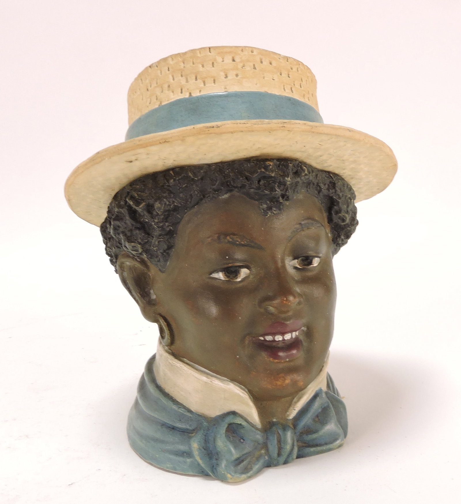 Black Americana Bernard Bloch: terra cotta humidor of man with straw hat, 6"