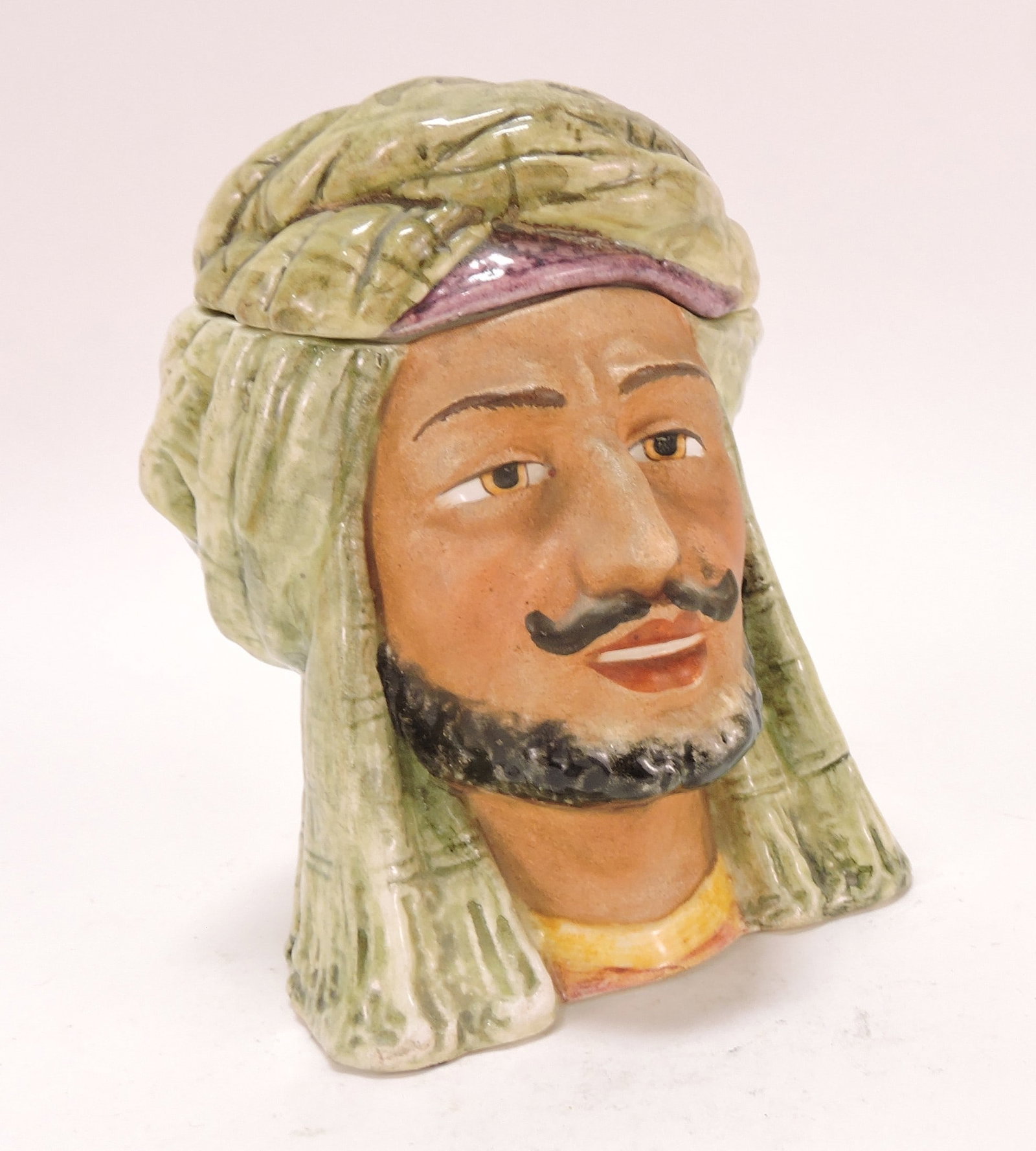 Black Americana majolica humidor: of man with turban, 6"