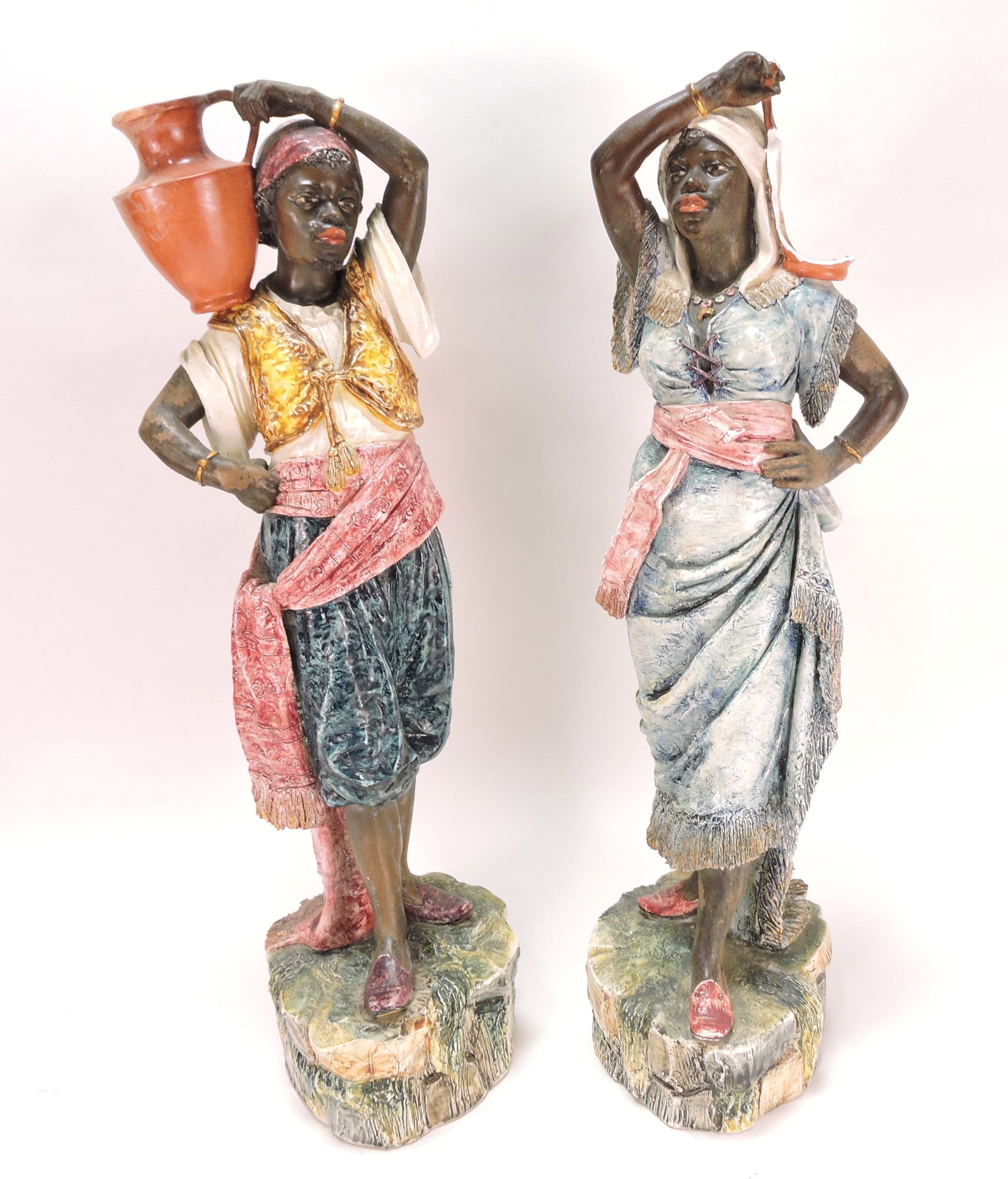 Black Americana majolica pair of: large figures, 20", lady missing vase