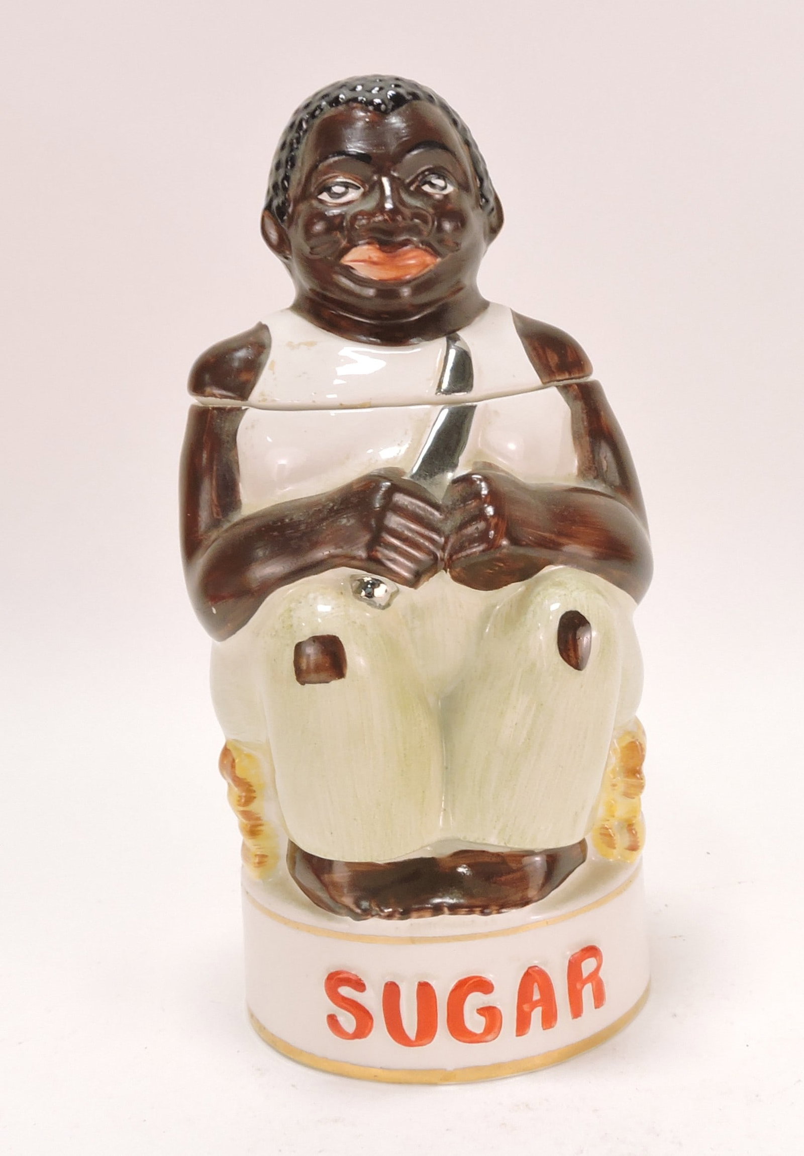 Black Americana porcelain sugar: canister, made in England, 9 1/2"