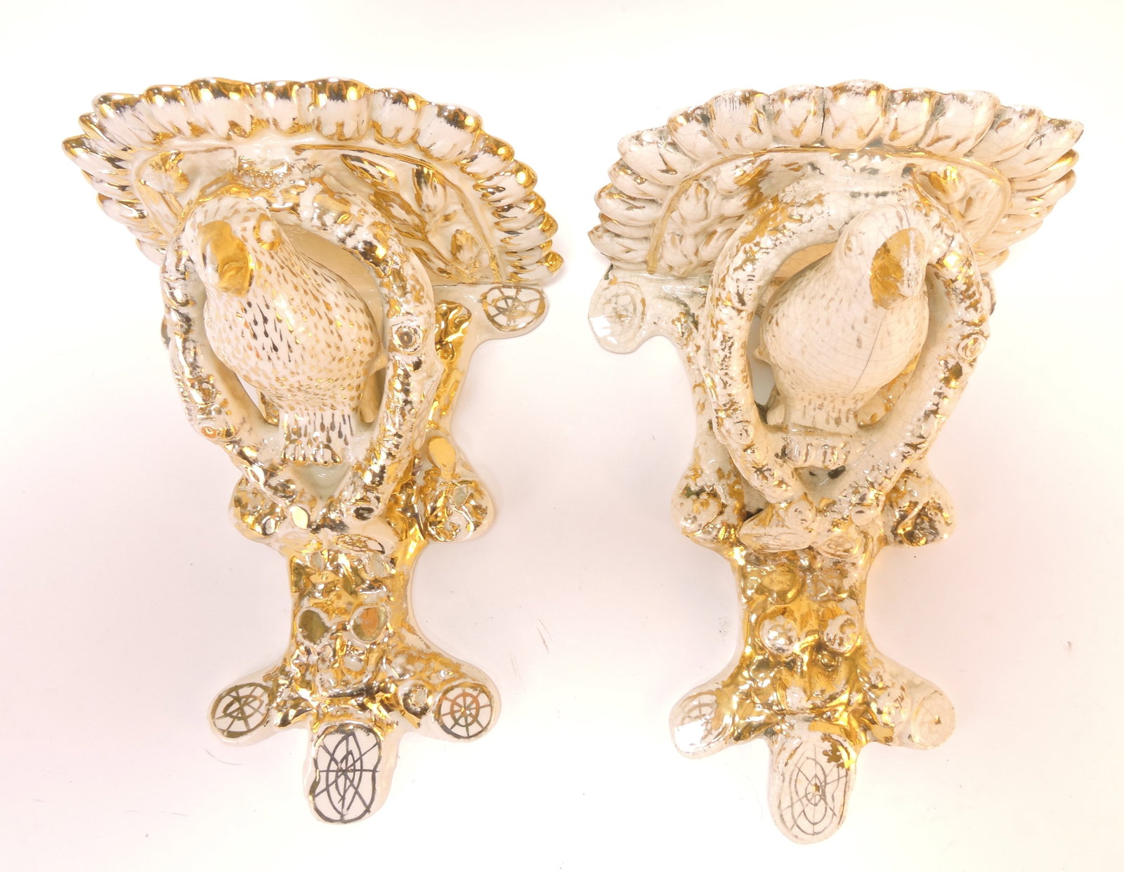 Staffordshire pair of bird bracket shelves,: 10"