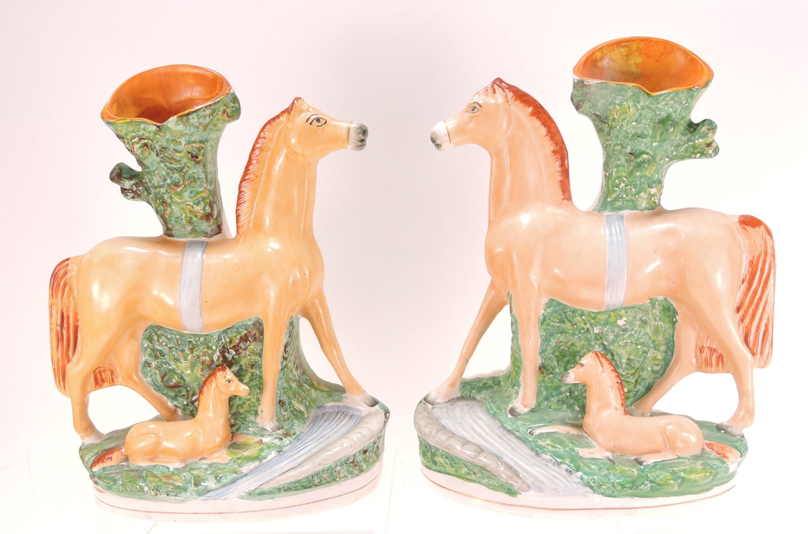 Staffordshire pair of horse with colt: spill vases, 12"
