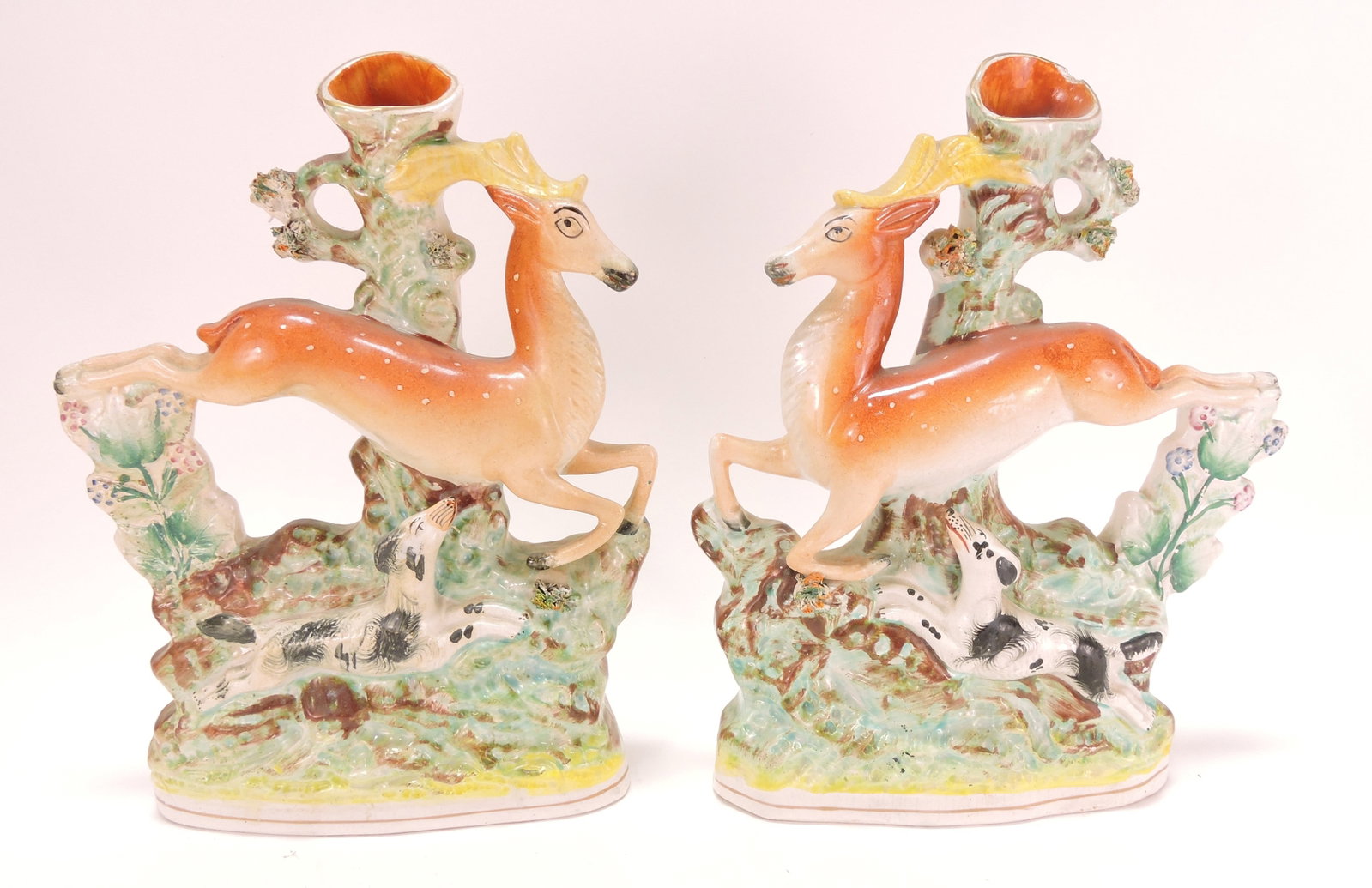 Staffordshire pair of deer and dog: spill vases, 12"