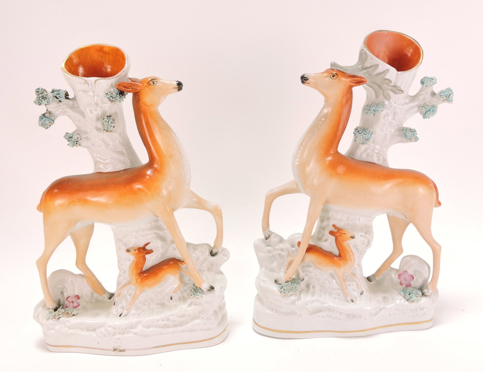 Staffordshire pair of deer spill vases,: 12"