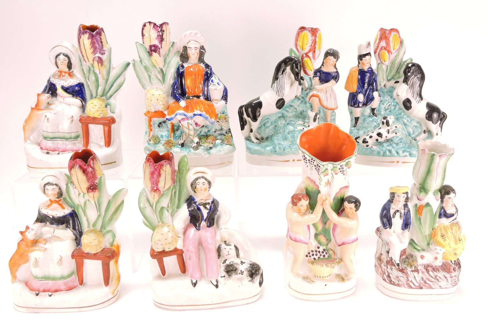 Staffordshire lot of 8 spill vases,: 7 1/2" to 9"