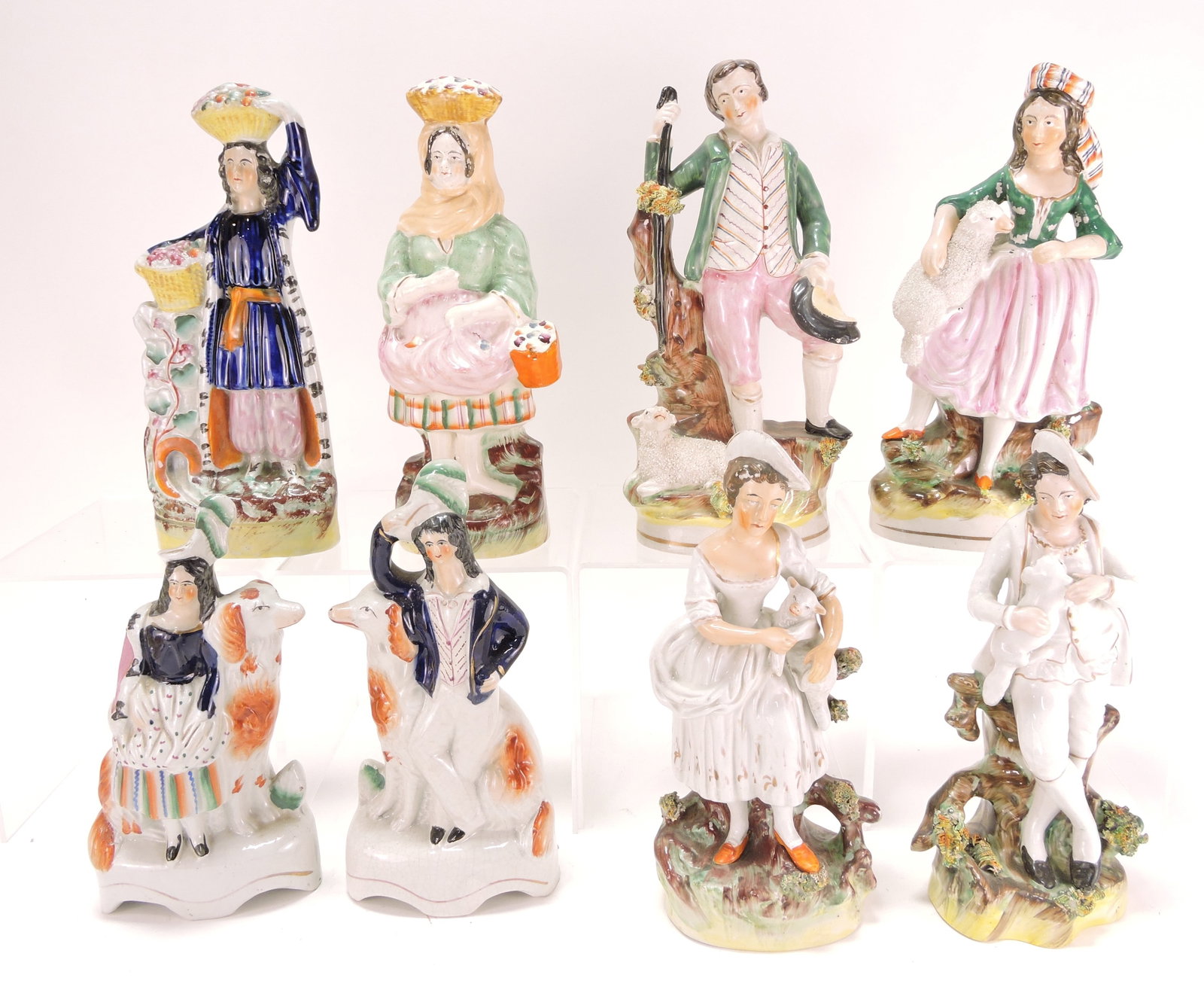 Staffordshire lot of 4 pair of figures,: 8" to 10"