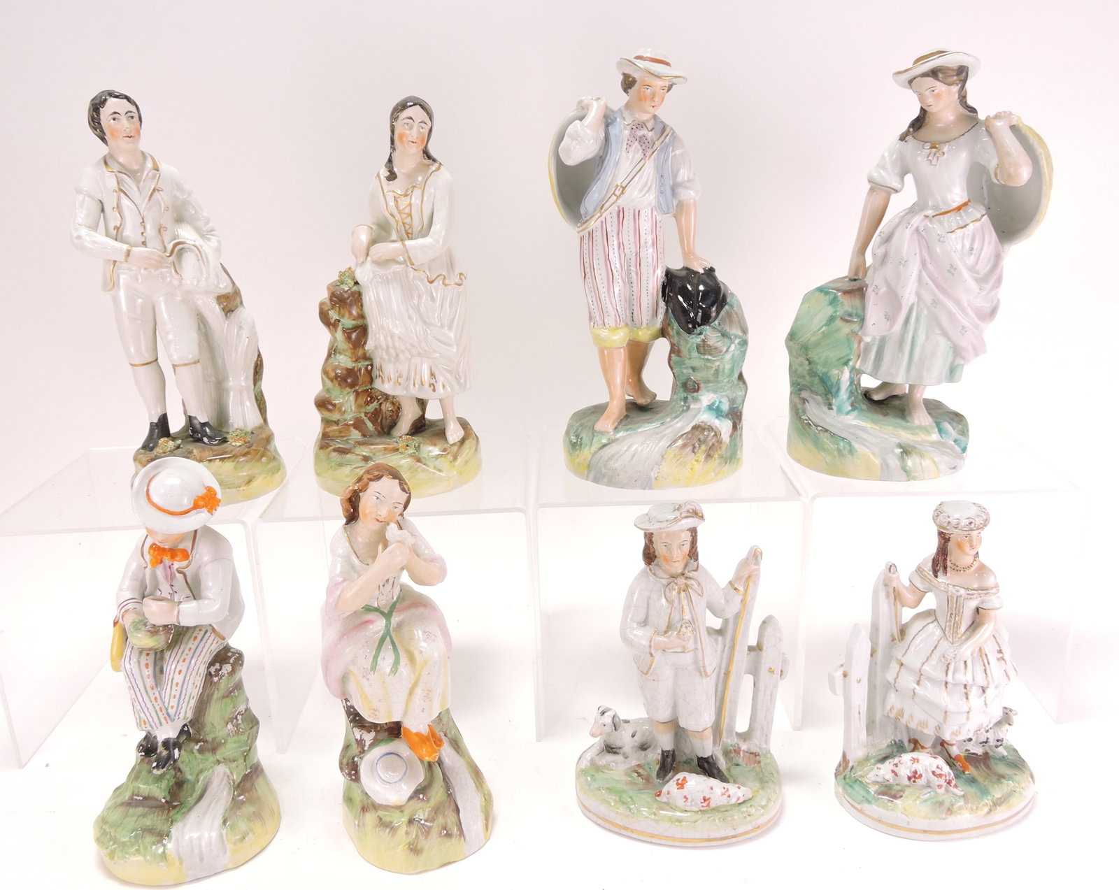 Staffordshire lot of 4 pair of figures,: 7" to 9"