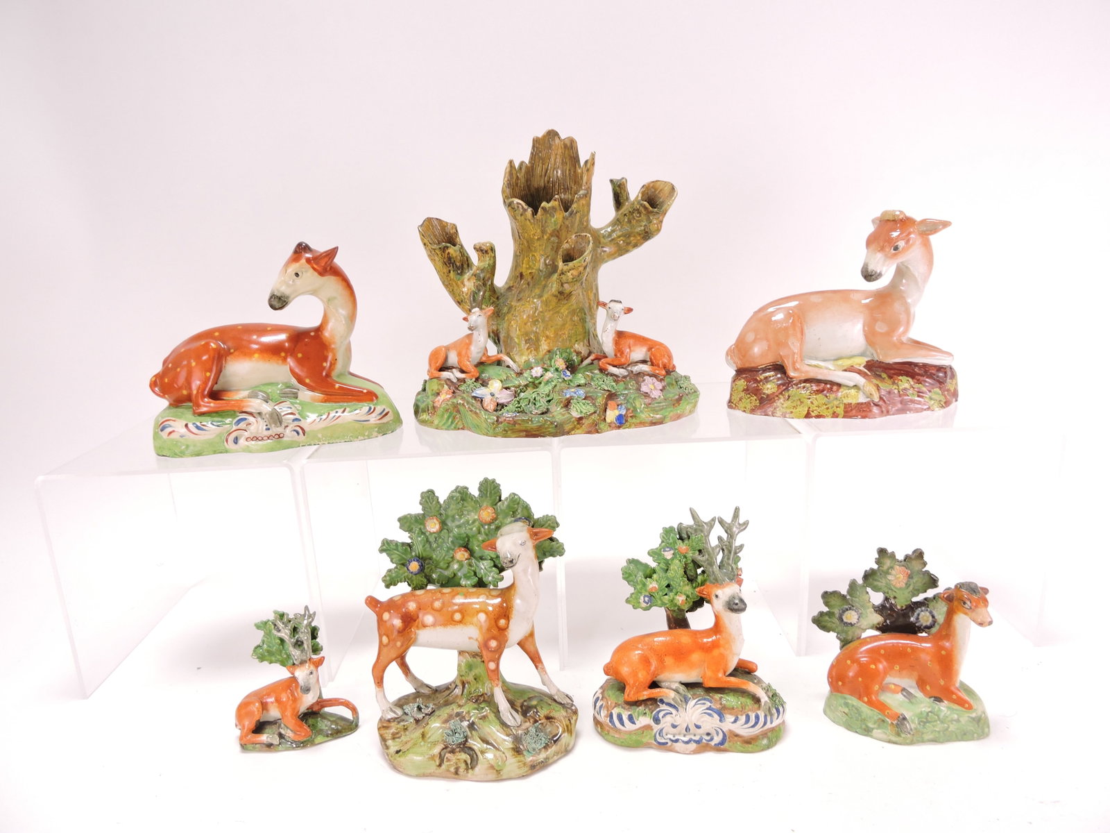 Staffordshire lot of 7 figures with deer,: 3" to 7 1/2"