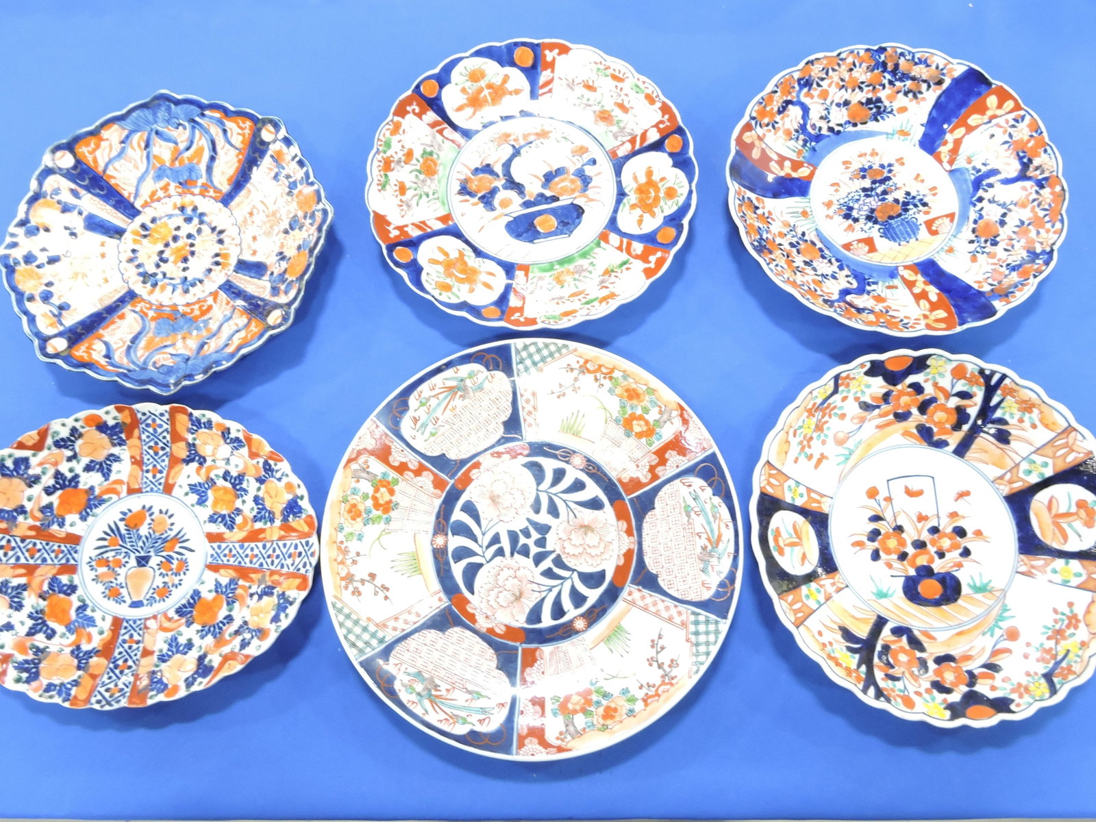 Imari lot of 6 chargers/trays, 11 1/2" to: 13 1/2", various condition