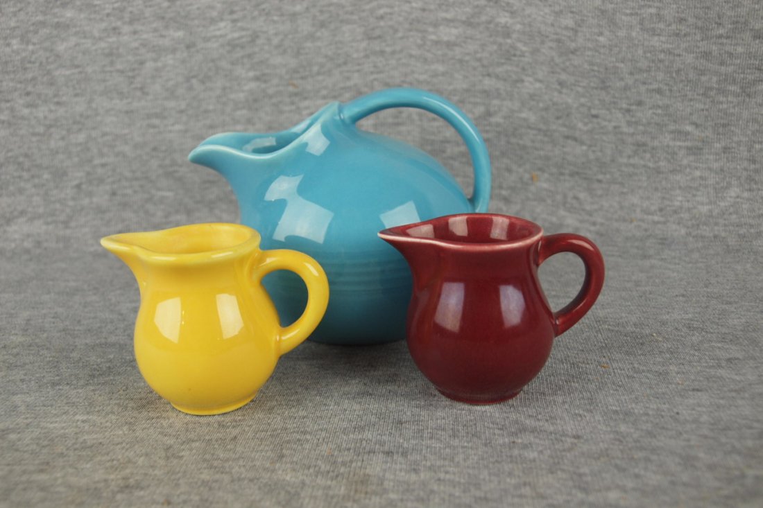 Fiesta Harlequin creamer group - turquoise novelty, yel: Fiesta Harlequin creamer group - turquoise novelty, yellow and maroon individual
