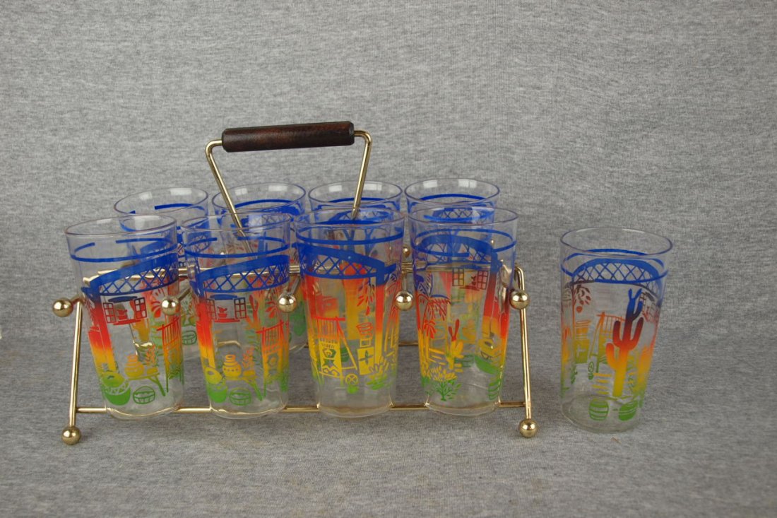 Set of 9 Mexicana go-along glass tumblers with wire hol: Set of 9 Mexicana go-along glass tumblers with wire holder