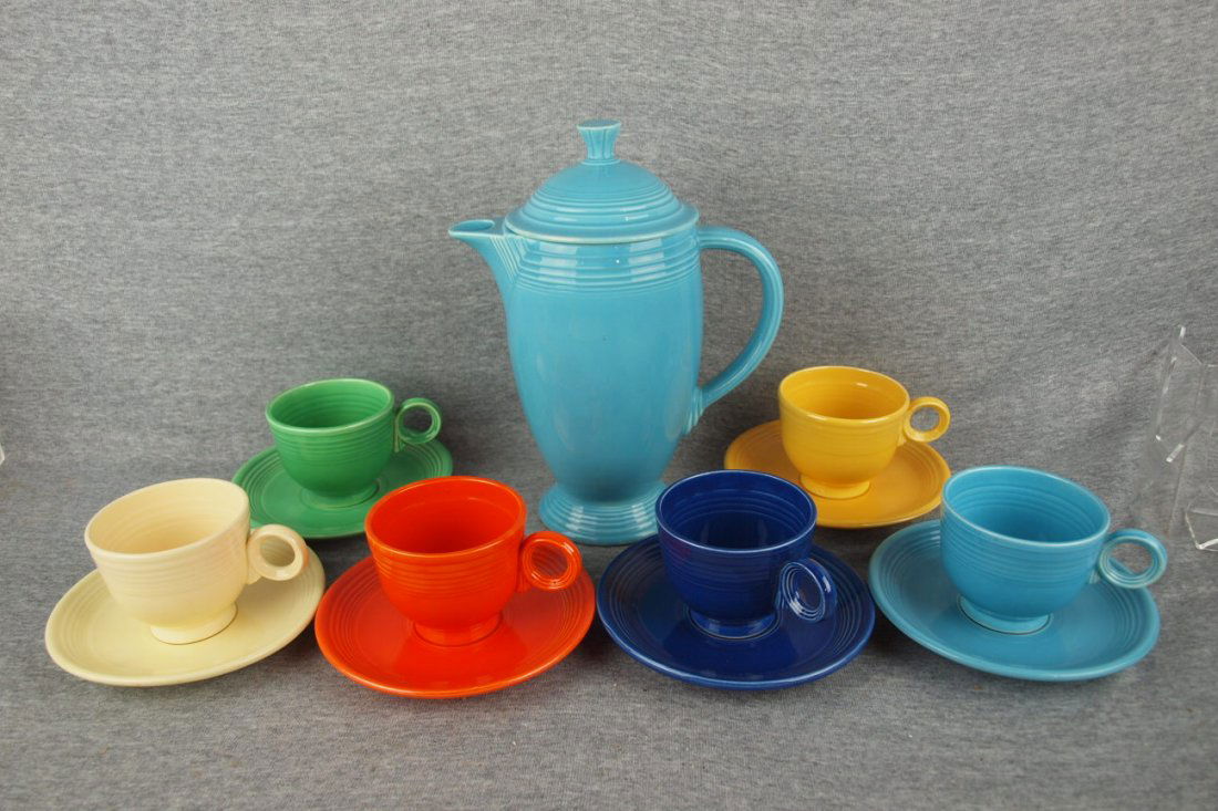 Fiesta coffee service with turquoise coffee pot and ori: Fiesta coffee service with turquoise coffee pot and original 6 color cups and saucers