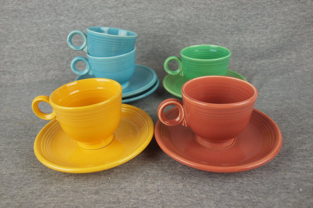 Fiesta cup and saucer group - 2 turquoise, light green,: Fiesta cup and saucer group - 2 turquoise, light green, yellow and rose