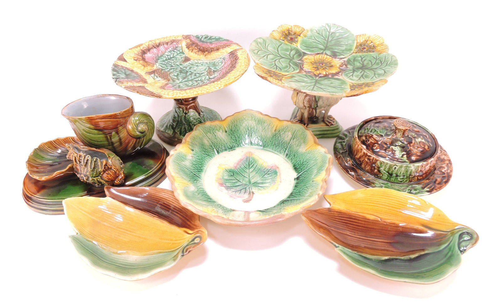 Majolica lot of 7 trays/servers,: various condition