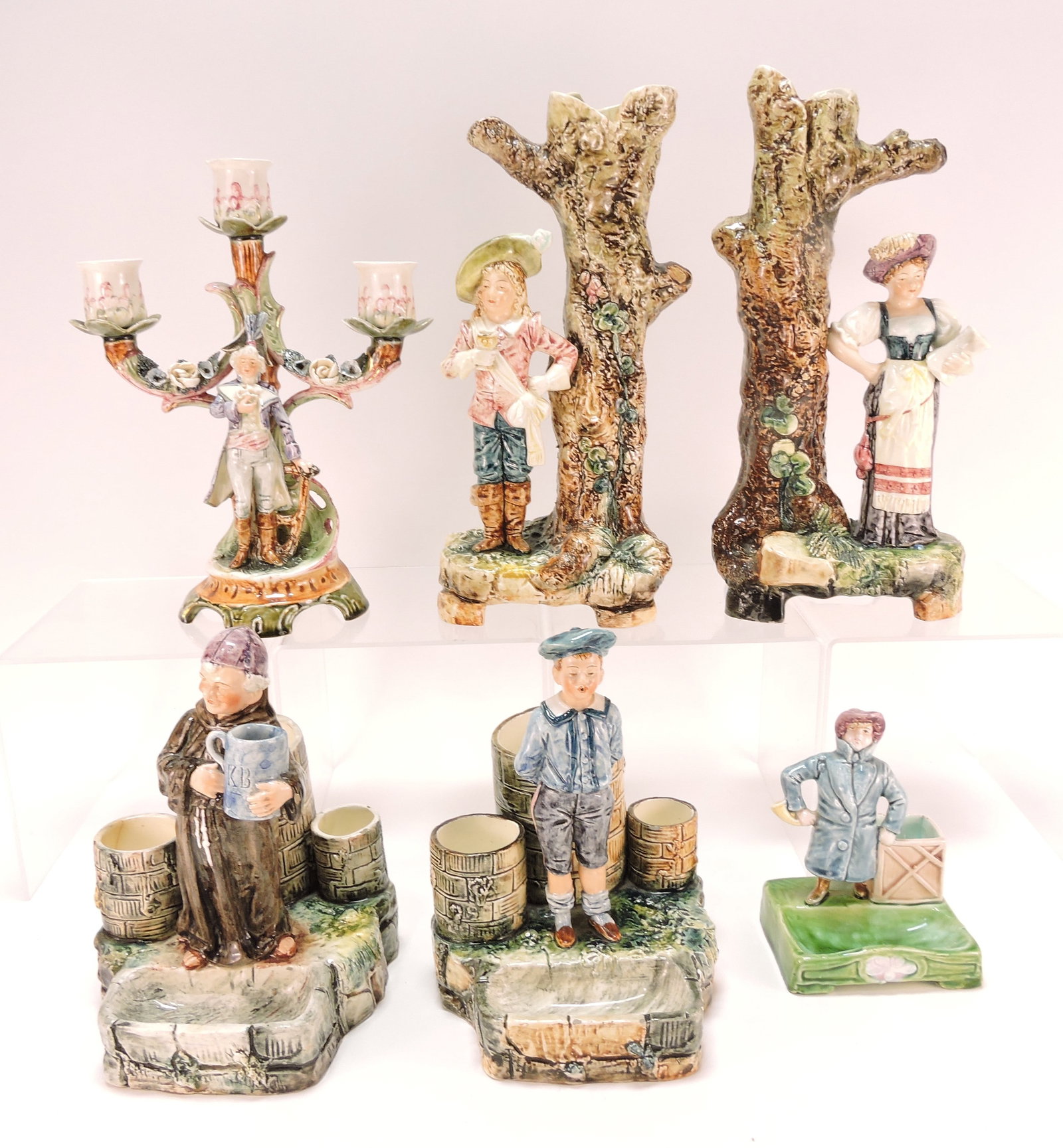 Continental majolica lot of 6 figurals,: 5" to 12", various condition