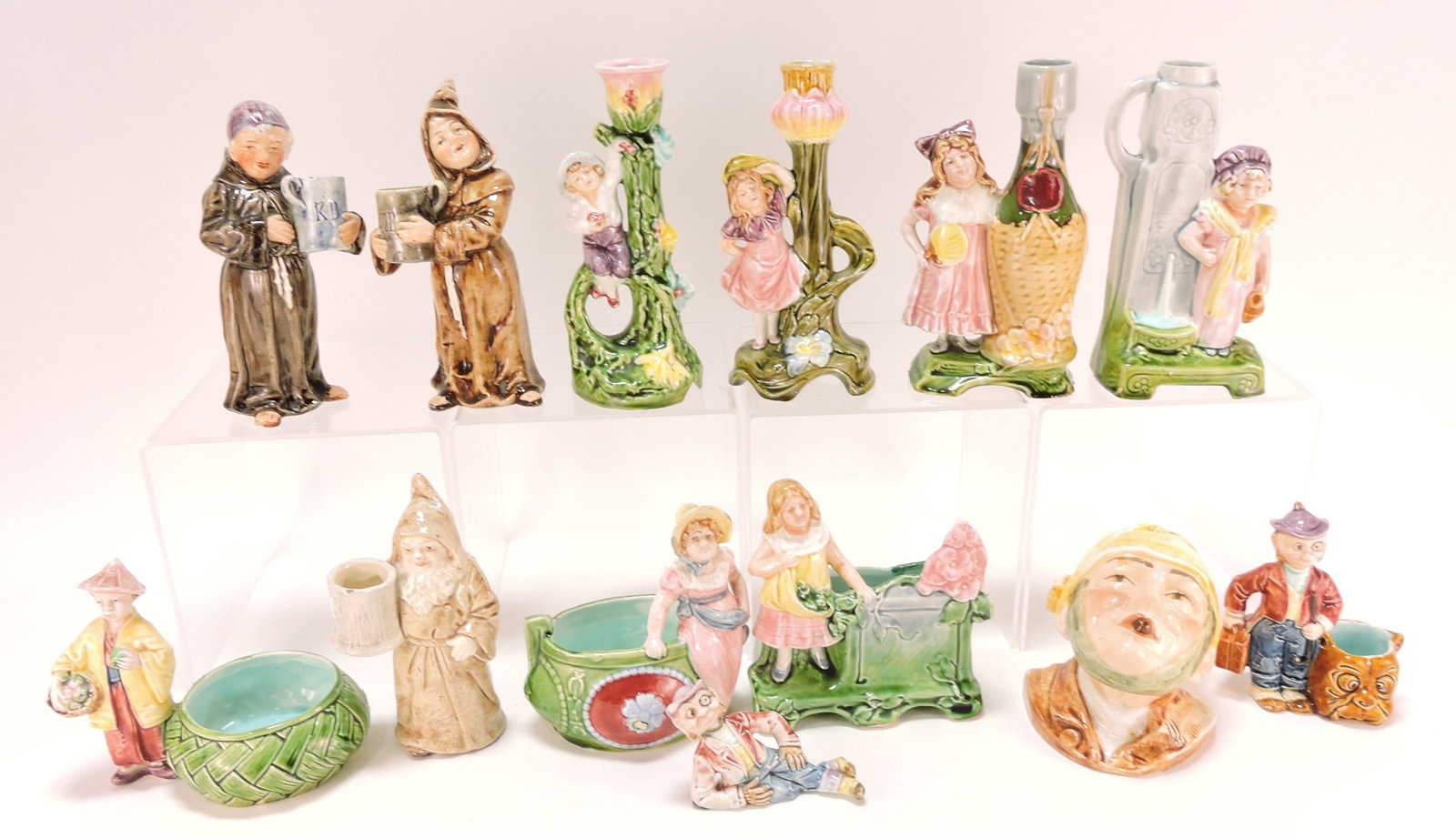 Continental majolica lot of 13 figurals,: 2 1/2" to 7", various condition