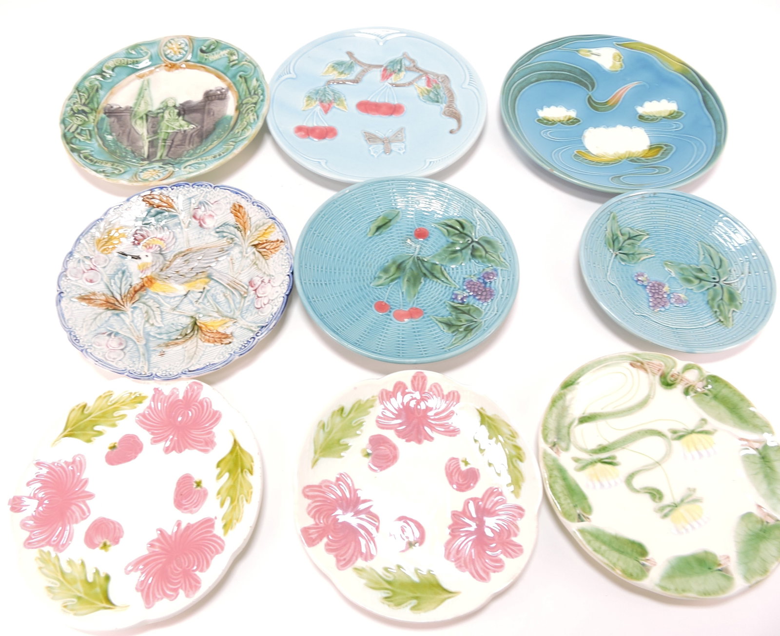 Majolica lot of 9 plates, 6 1/2" to 9": .