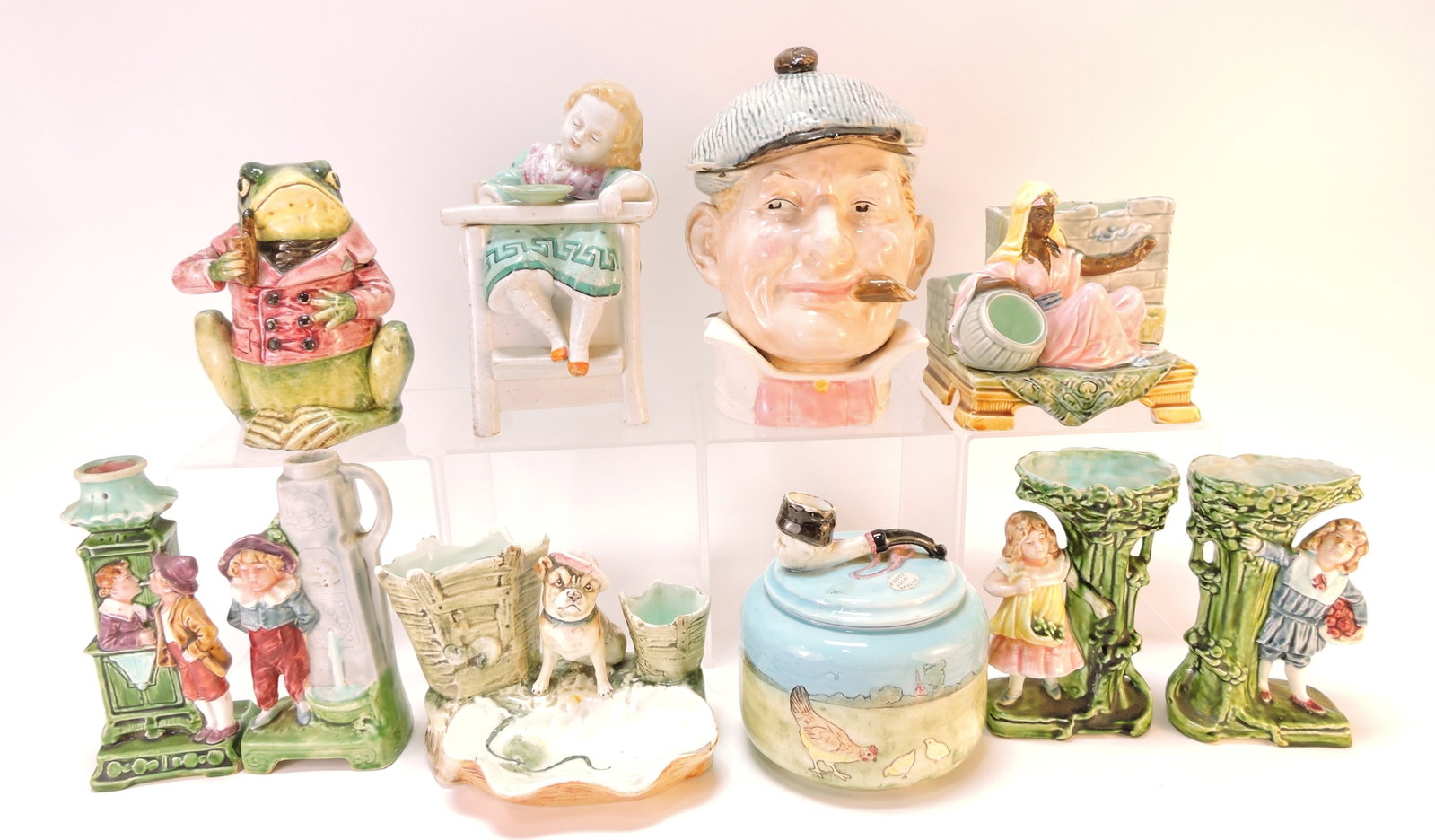 Majolica lot of 10 figurals, various: condition