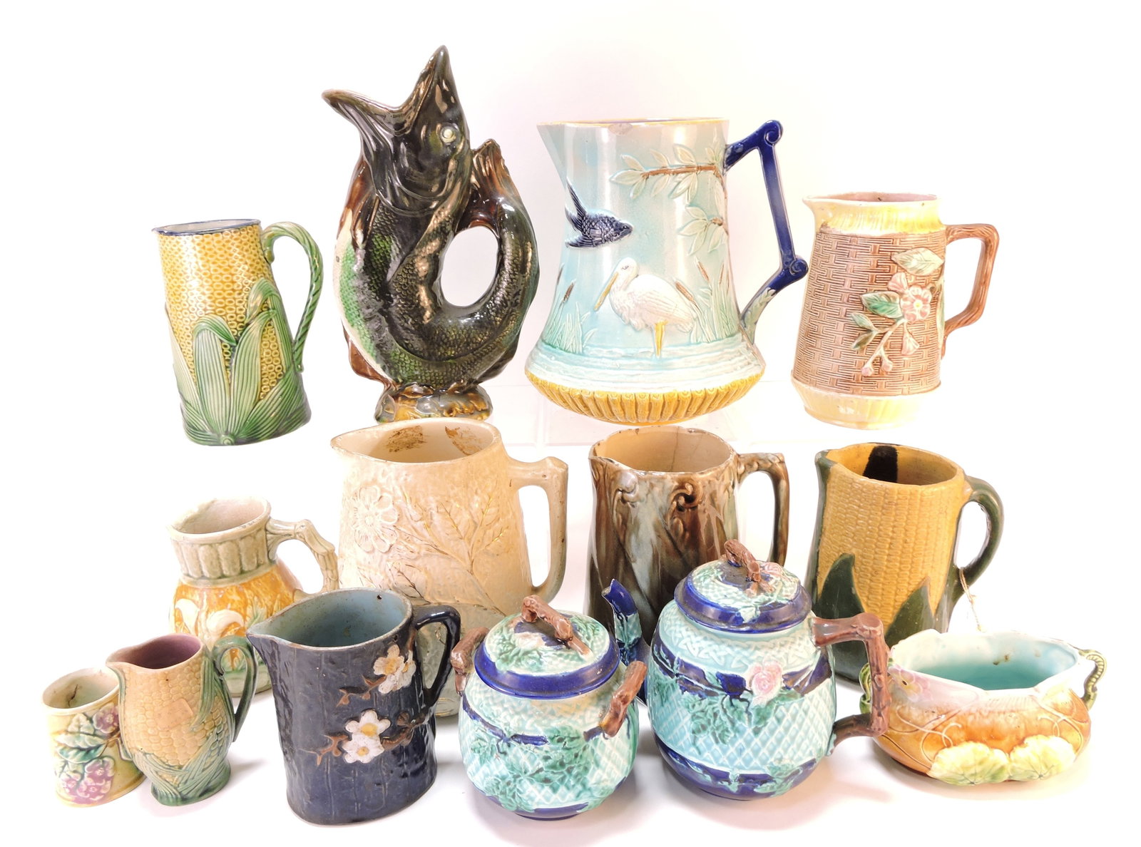 Majolica lot of 14 pitchers, teapot, (1 of 1)