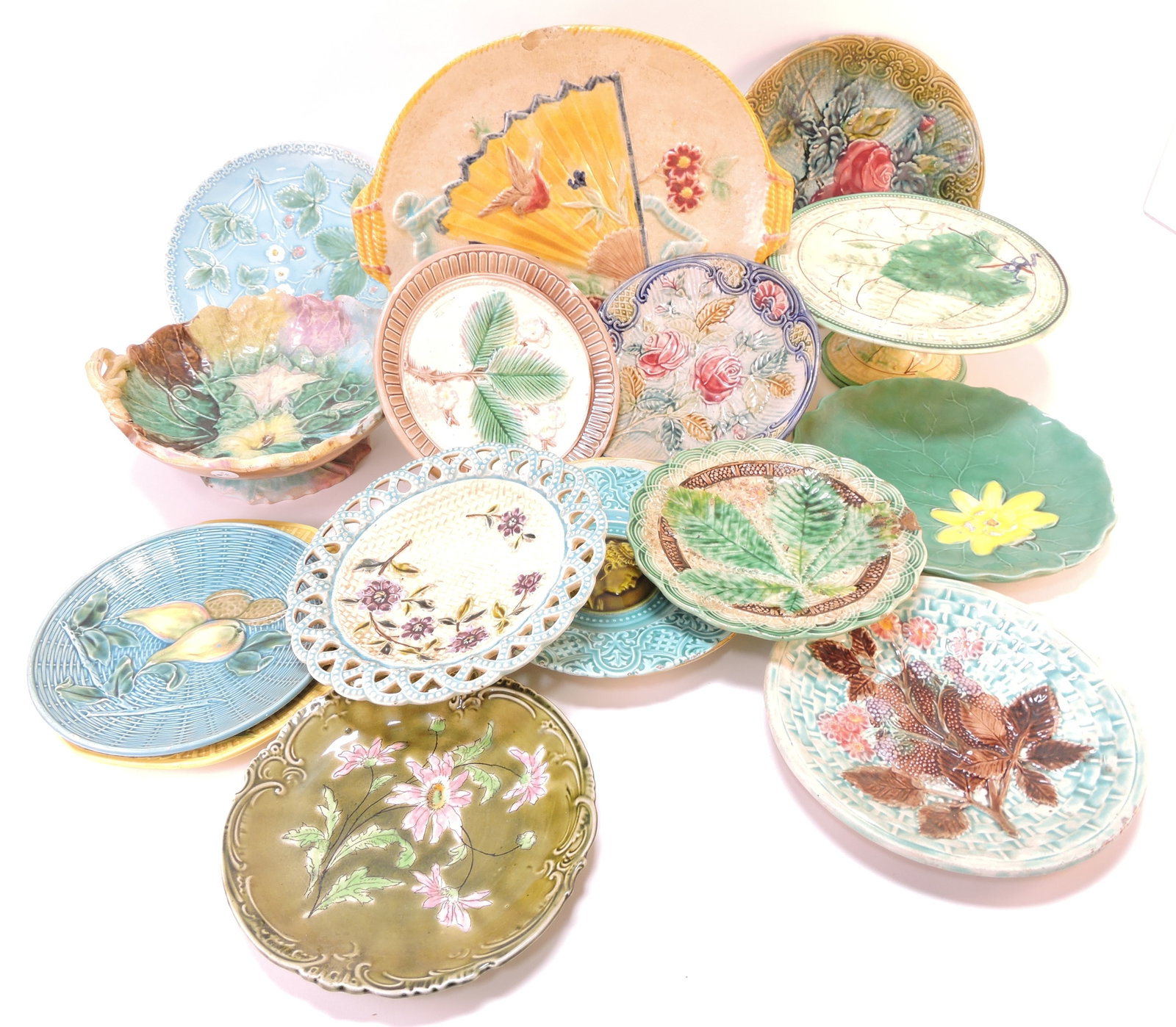Majolica lot of 16 plates, platter, and (1 of 1)