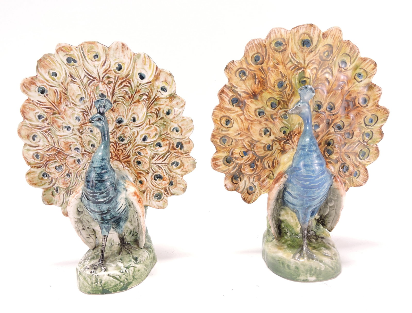 Continental majolica pair of peacock: figural vases, 7"