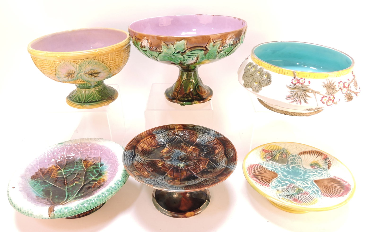 Majolica lot of 6 compotes, cake stands,: and bowls, various condition