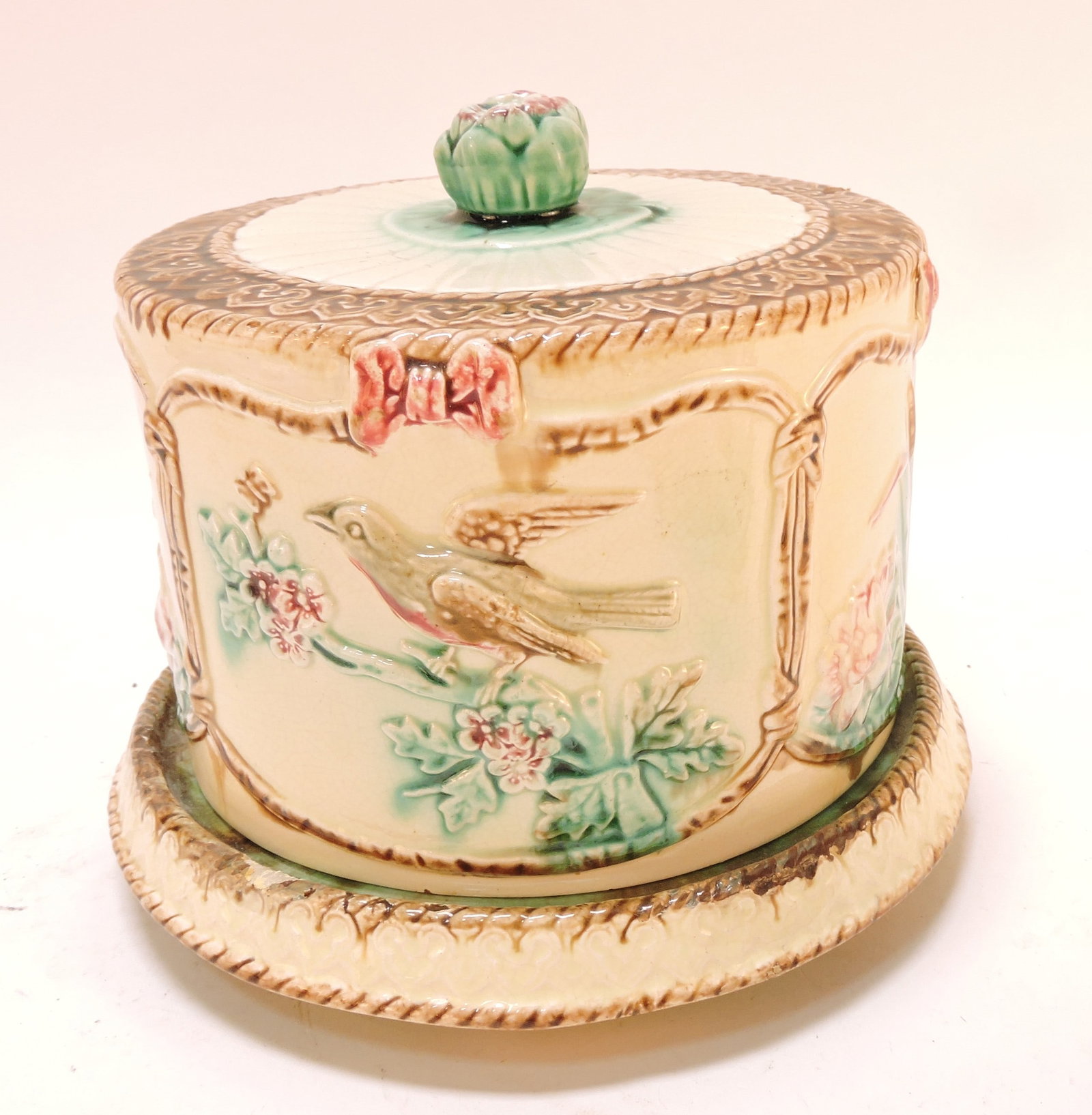 Majolica bird on branch cheese keeper, (1 of 1)