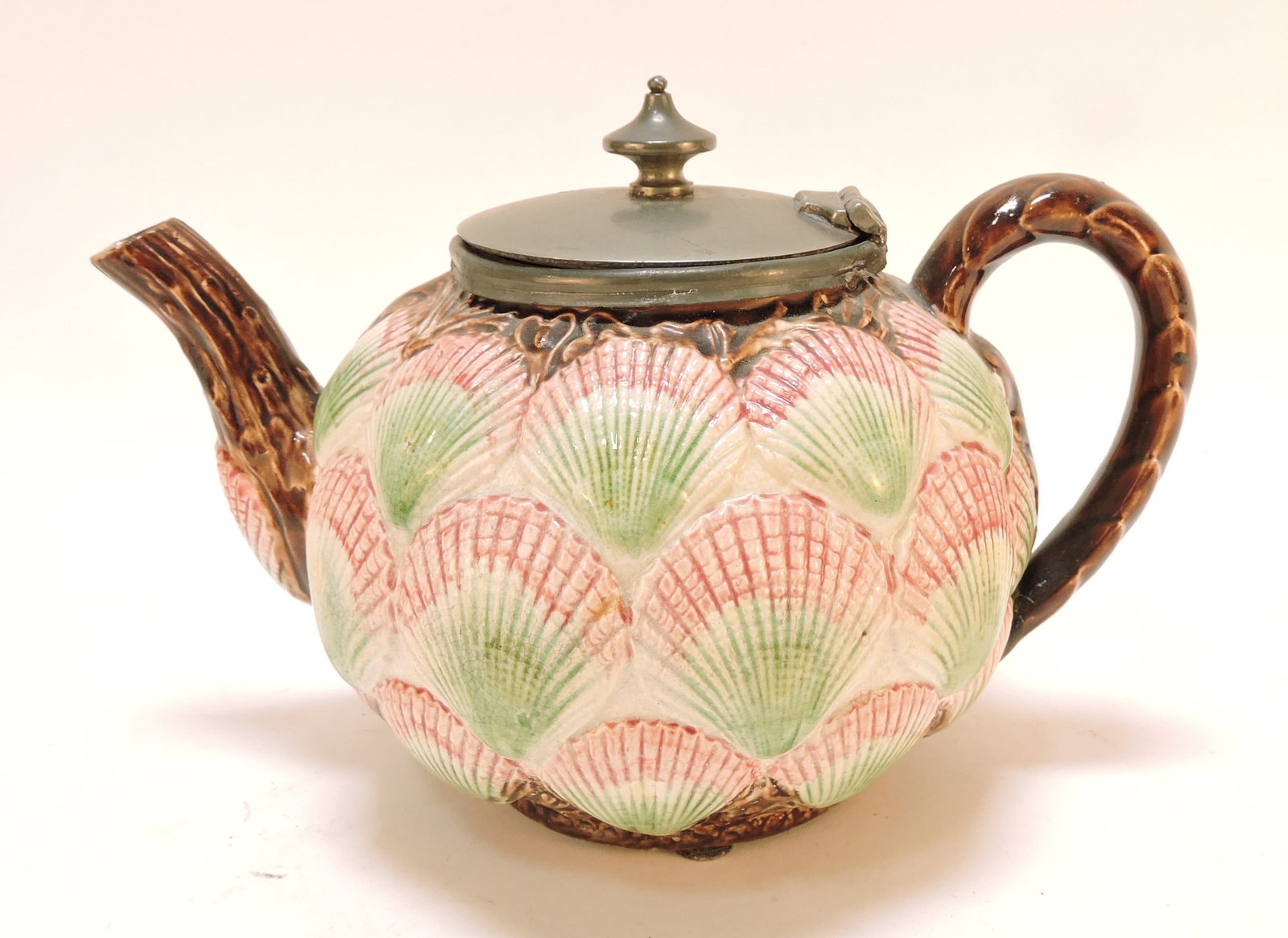 Majolica shells teapot with pewter top, (1 of 1)