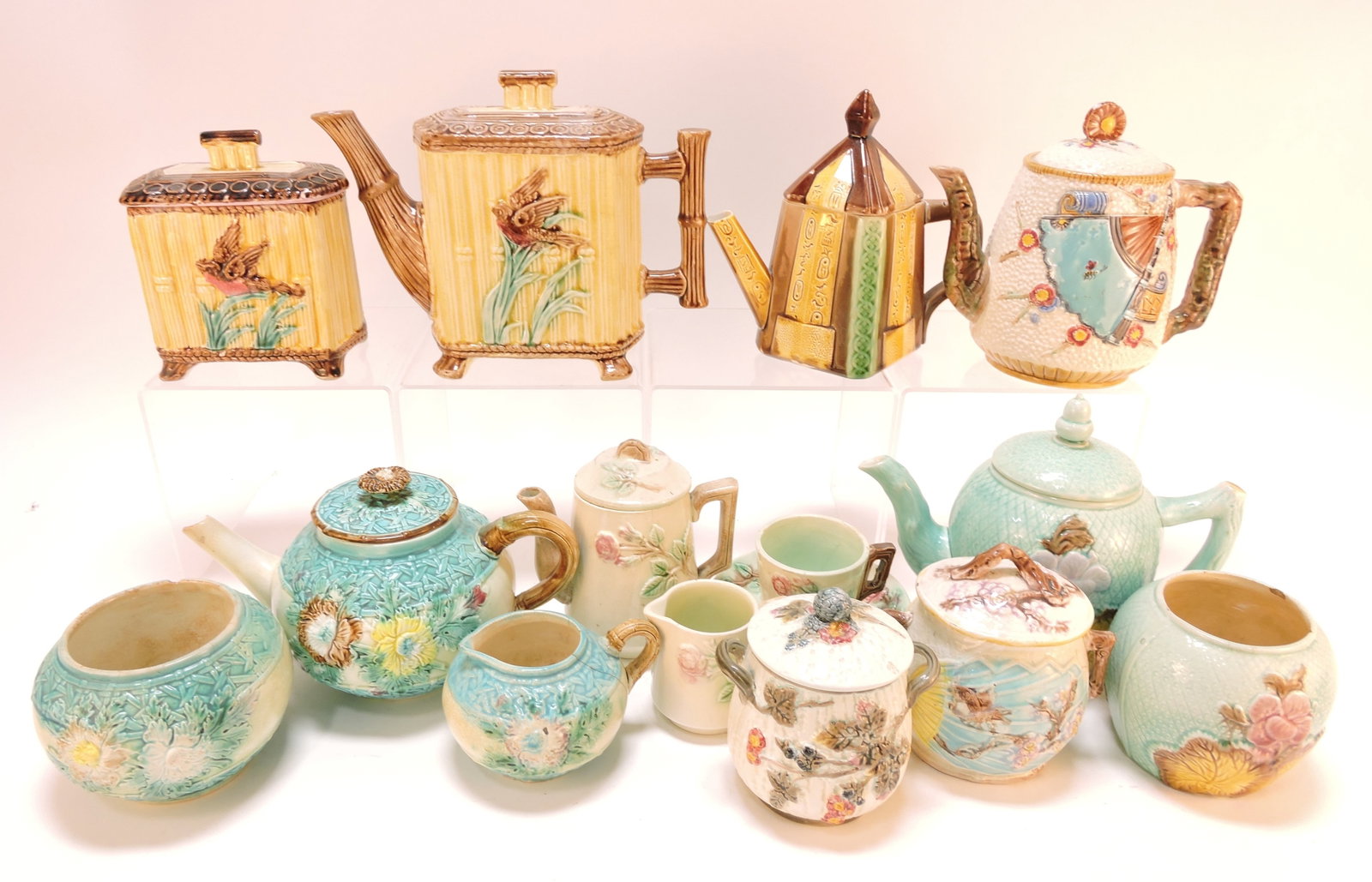 Majolica tea set group - 6 teapots,: 5 sugars, 2 creamers, cup, 2 saucers; various condition