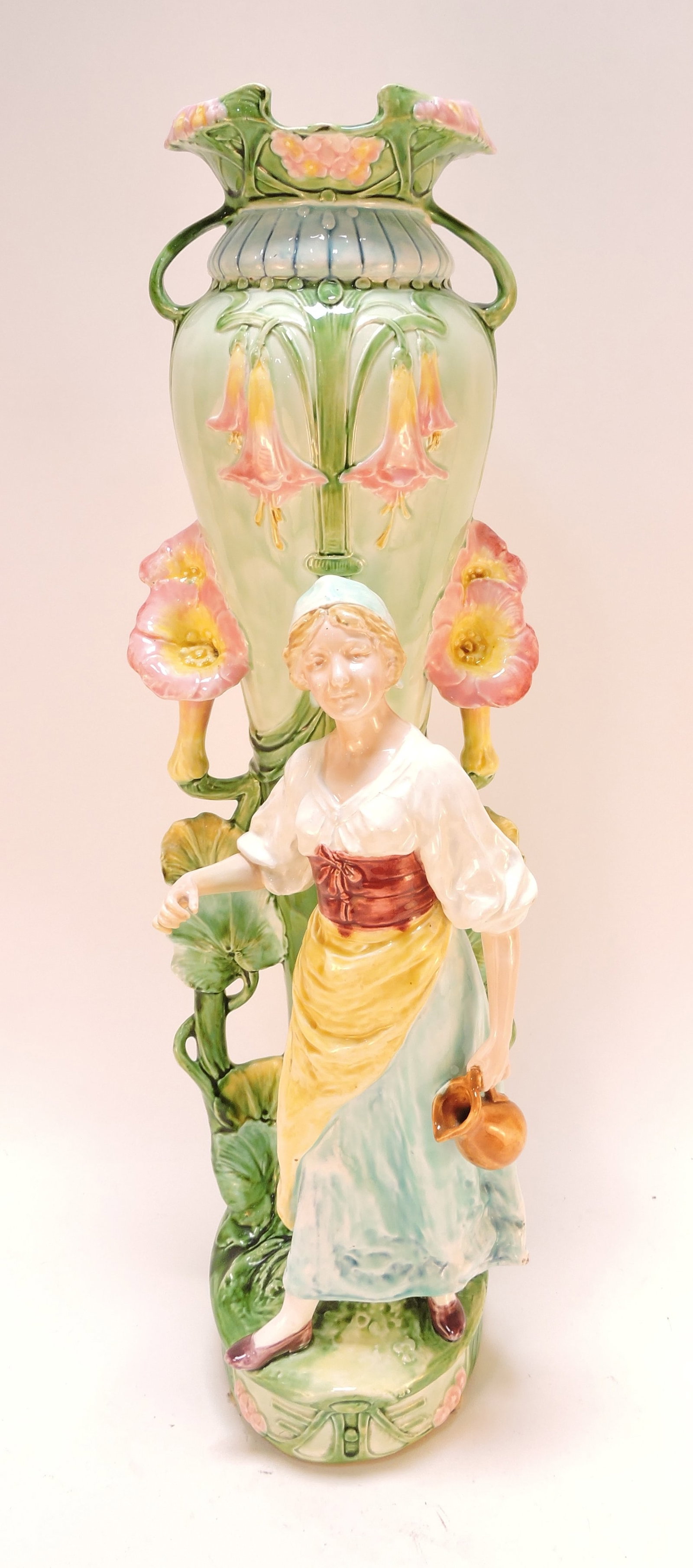 Continental majolica large figural vase: with lady, 26"