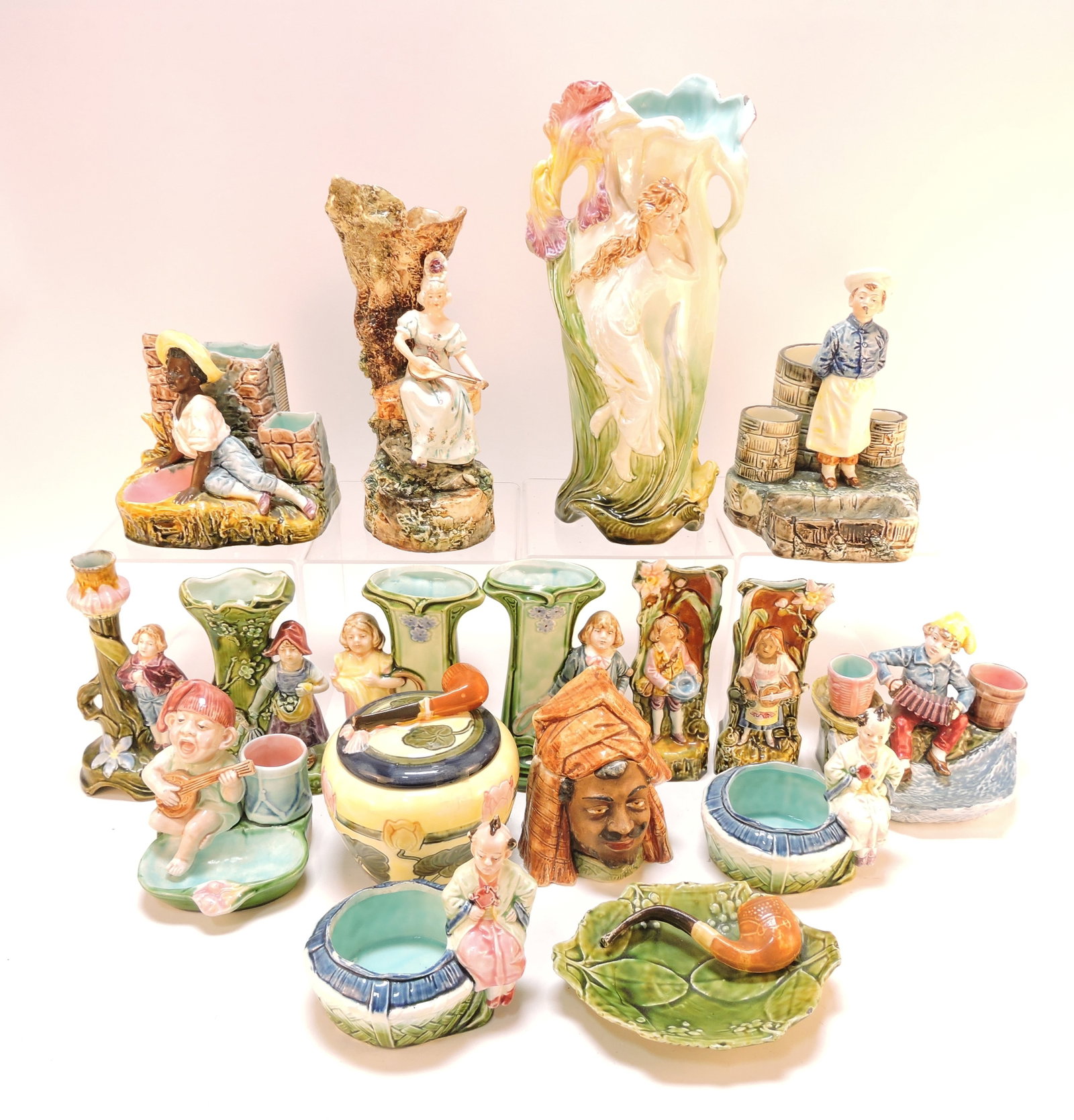 Continental majolica lot of 17 figurals, (1 of 1)
