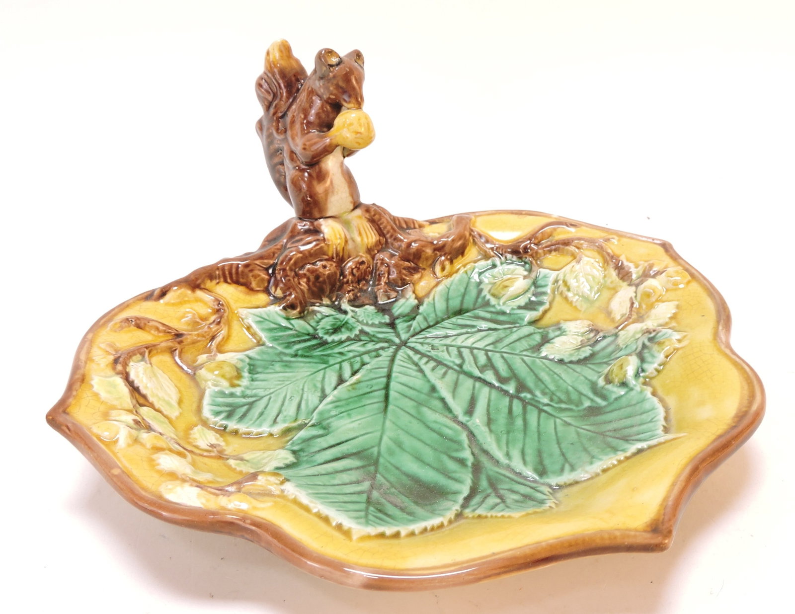 Majolica yellow leaf tray with squirrel (1 of 1)