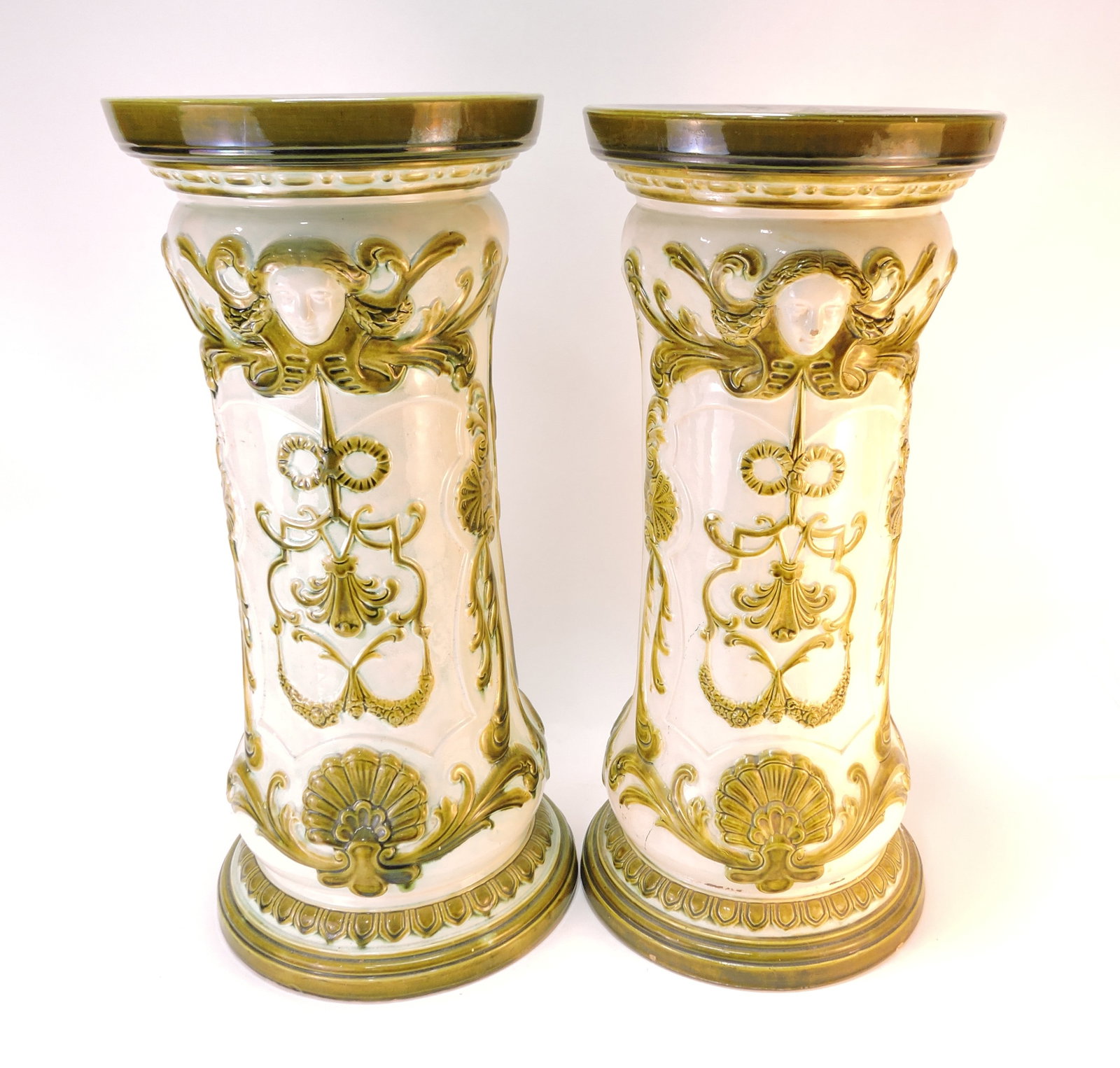 Wardle majolica pair of pedestals,: 24", both with small chip to foot rim