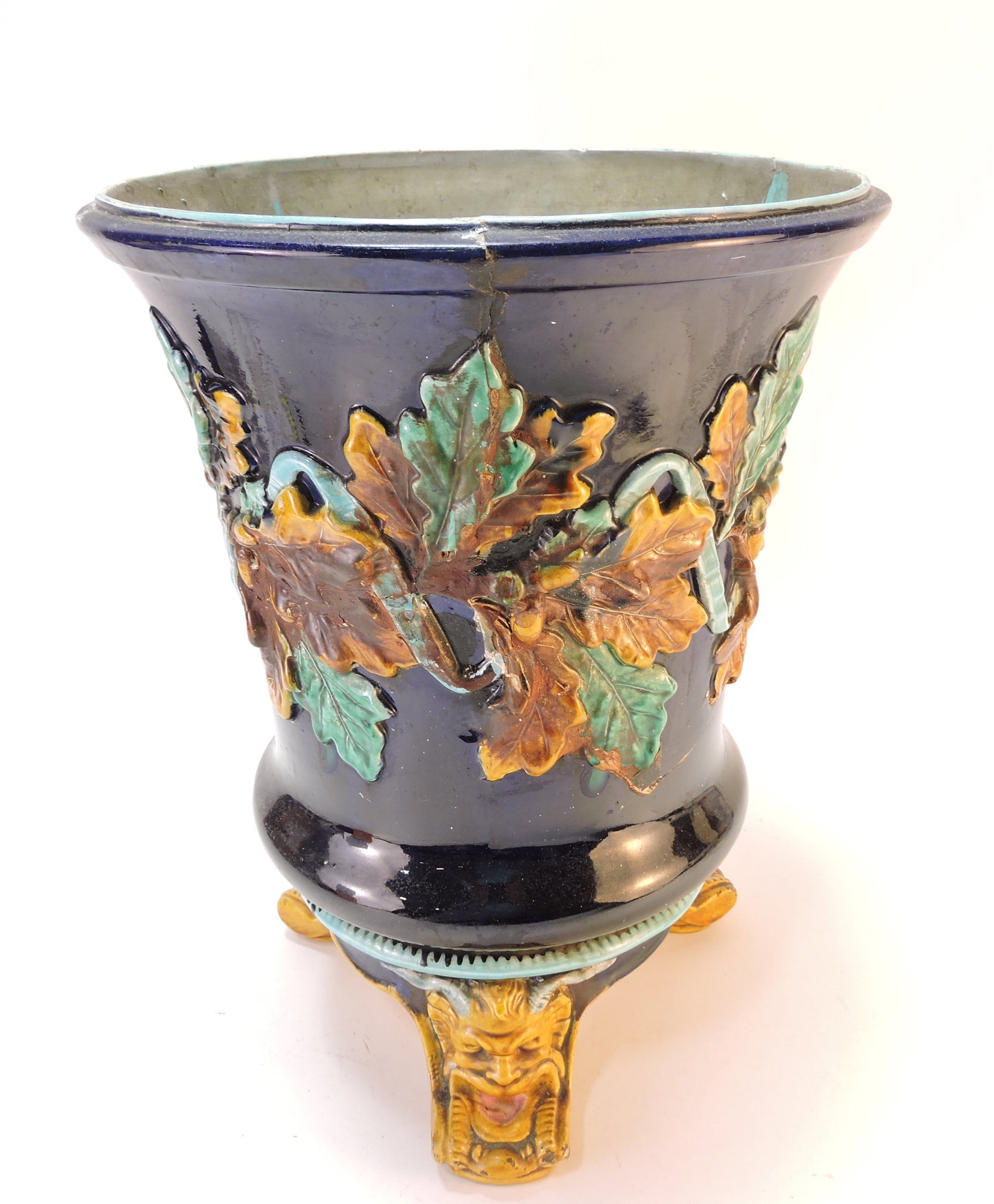 Majolica cobalt floor jardiniere: with oak leaves and acorns, griffin feet, old restorations, 18"h, 14"w