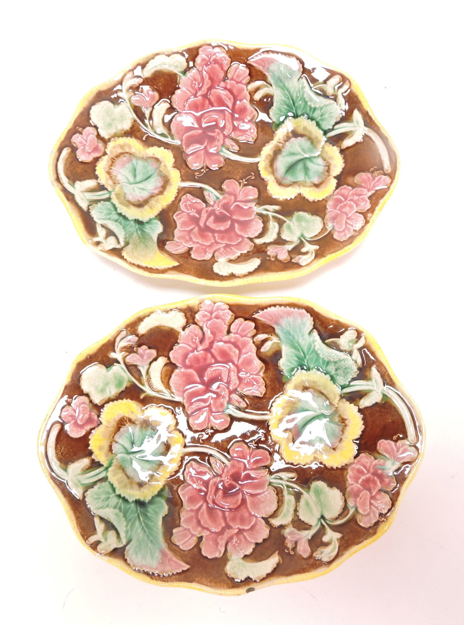 Majolica pair of geranium platters, (1 of 1)