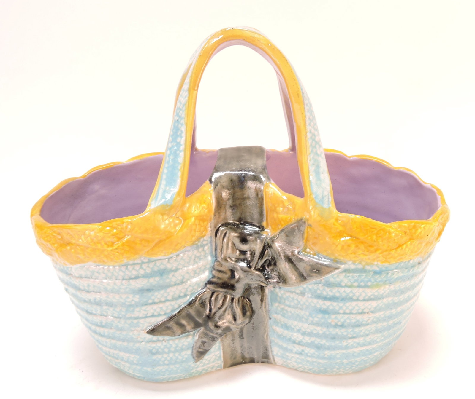Majolica basket with ribbon and bow,: 9 1/2"h, 11 1/2"w