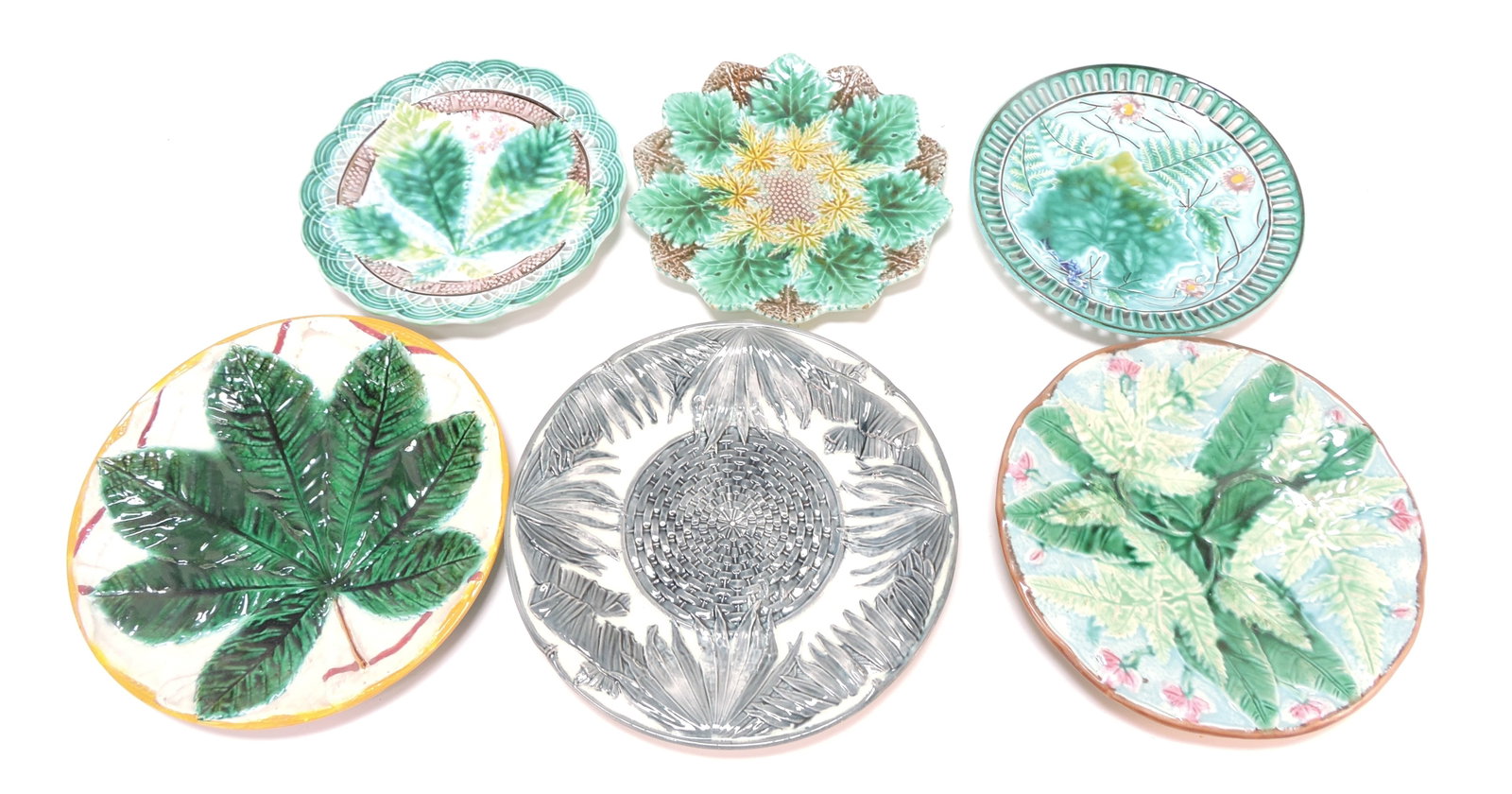 Majolica lot of 6 plates, 7" to 9",: various condition