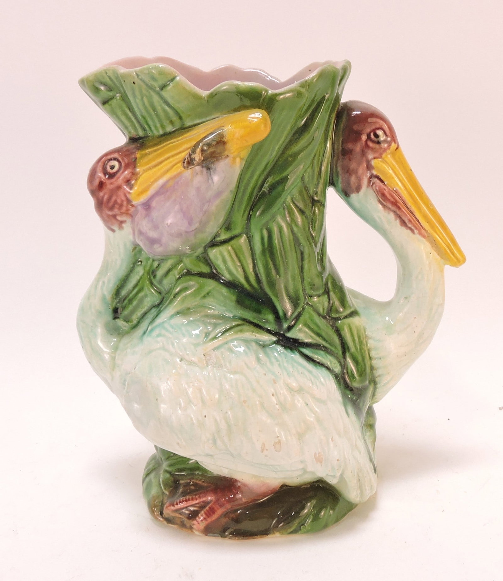 Majolica double pelican figural pitcher, (1 of 1)