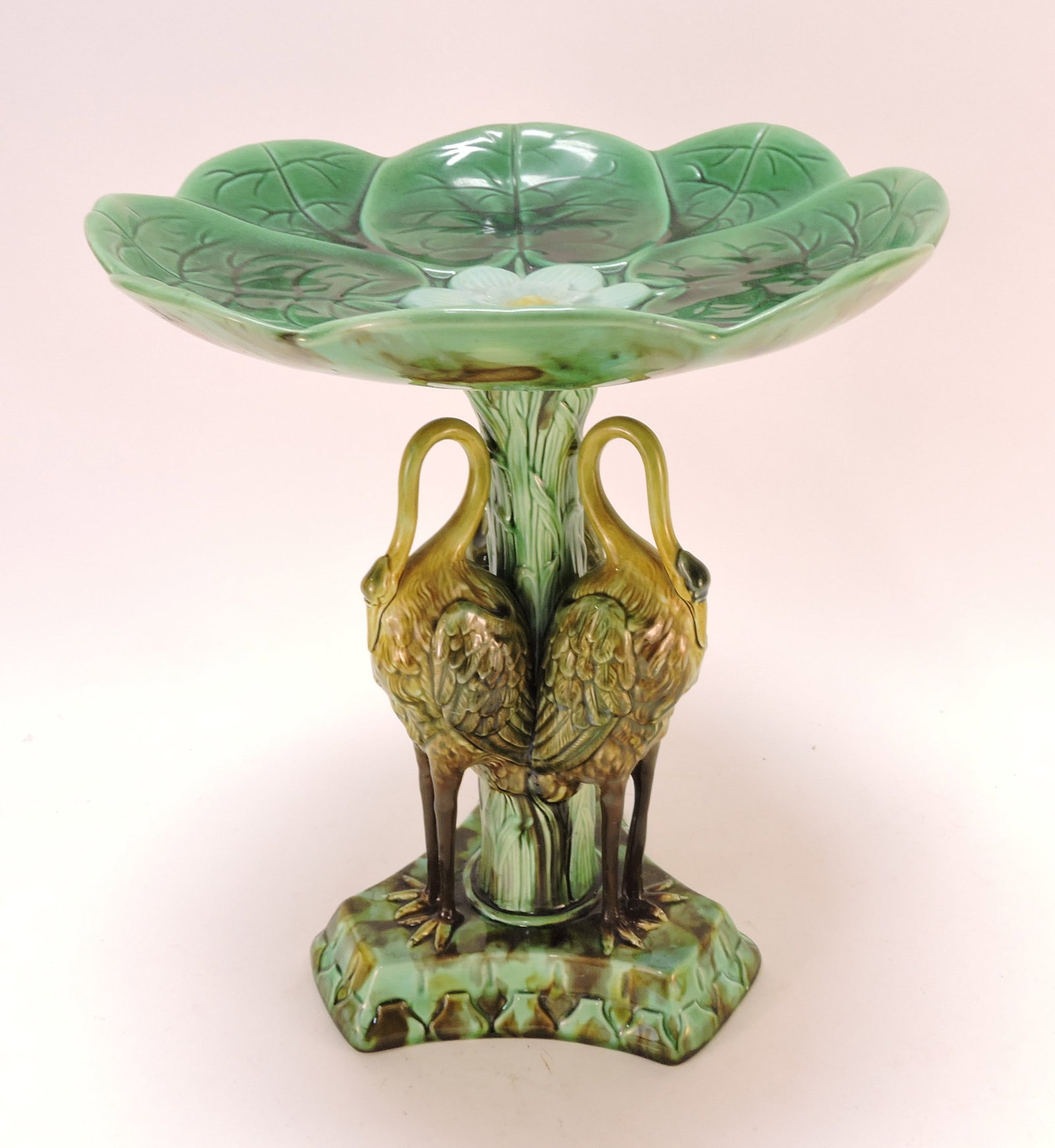 Large majolica compote with 3 storks (1 of 3)