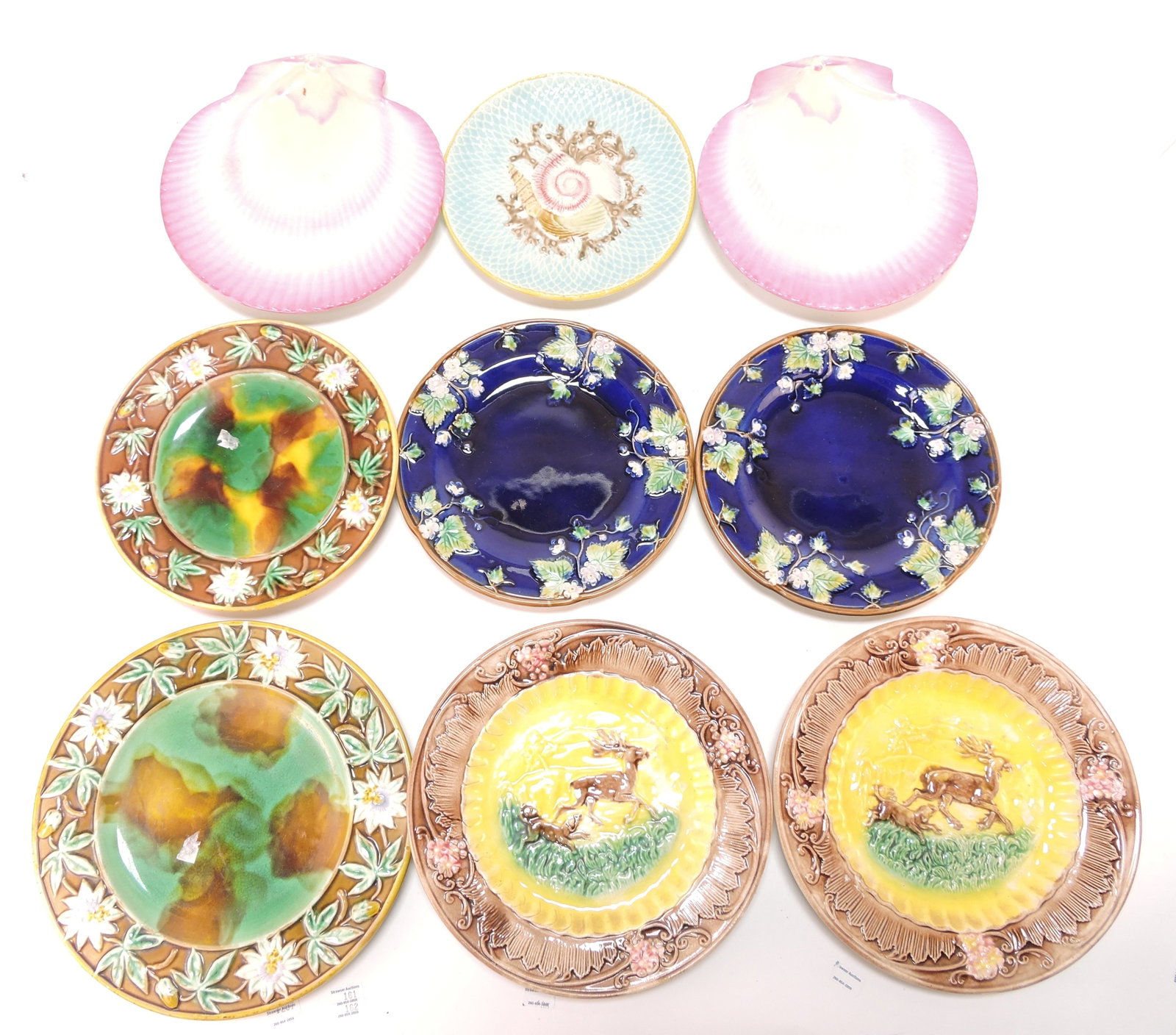 Majolica lot of 9 plates, 8" to 9 3/4": .