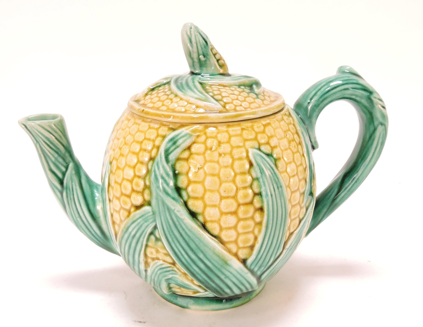 Majolica corn teapot, 6": .