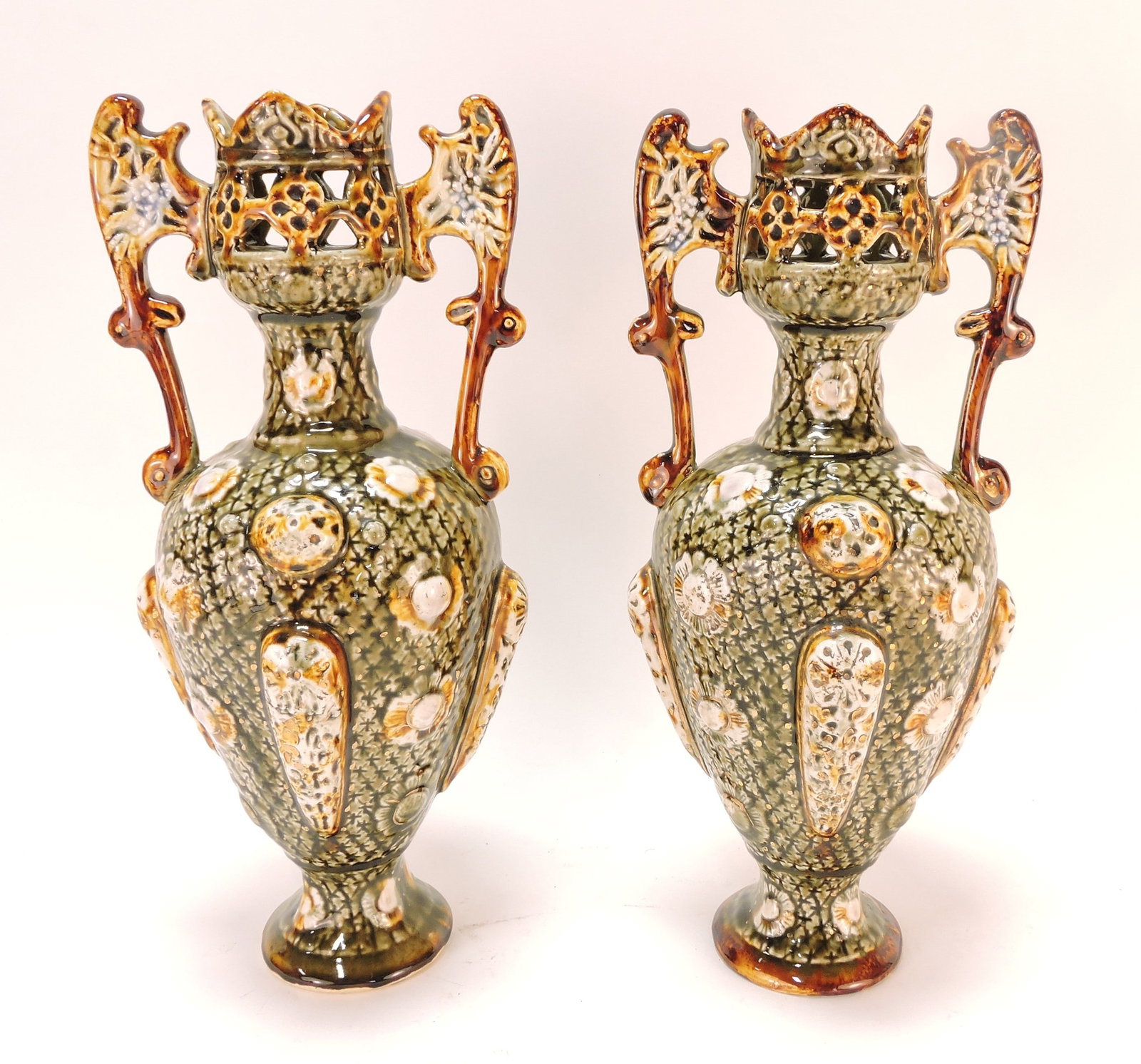 Majolica pair of vases, 13": .