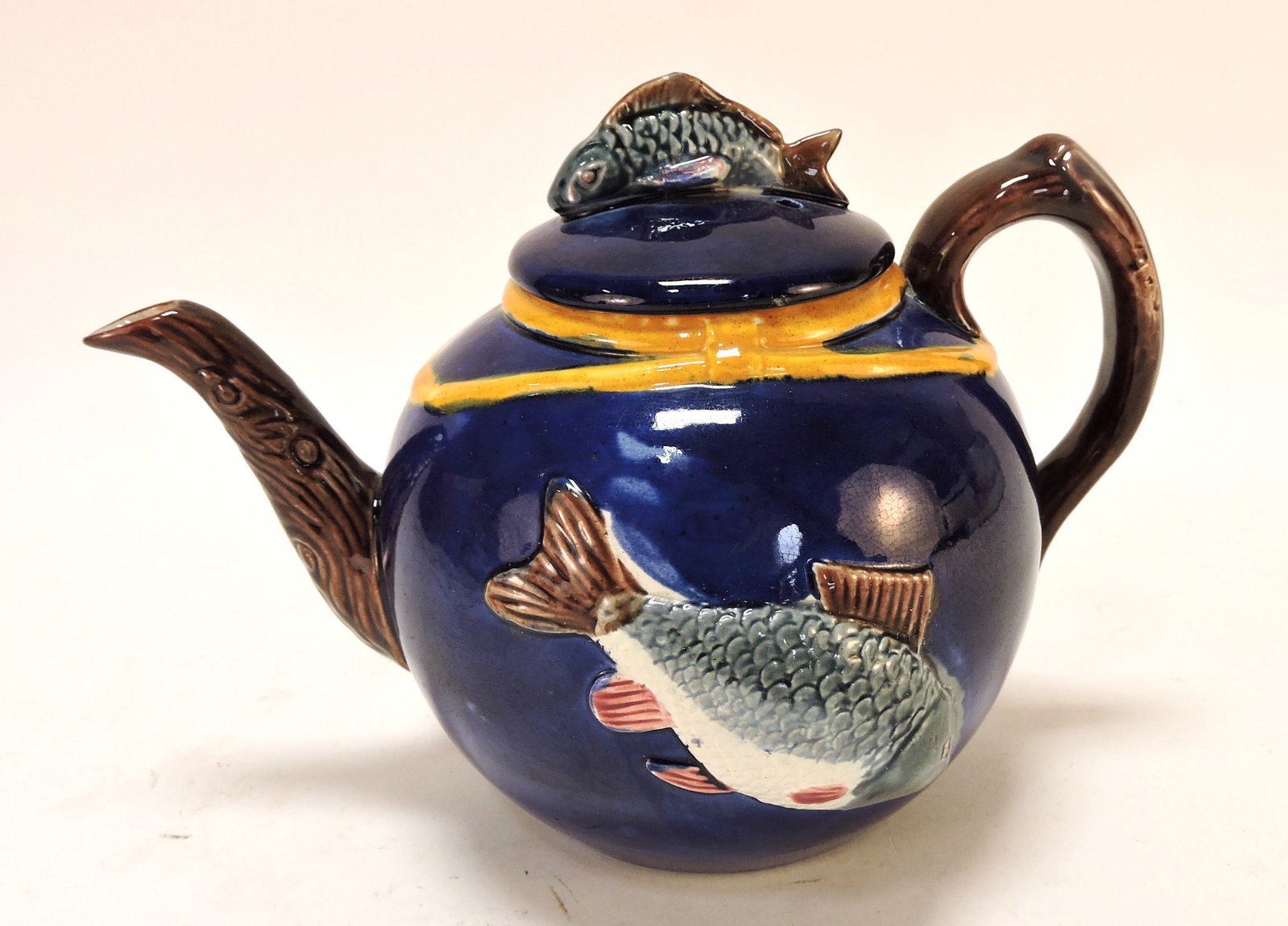 Majolica cobalt fish teapot, 6" (1 of 1)