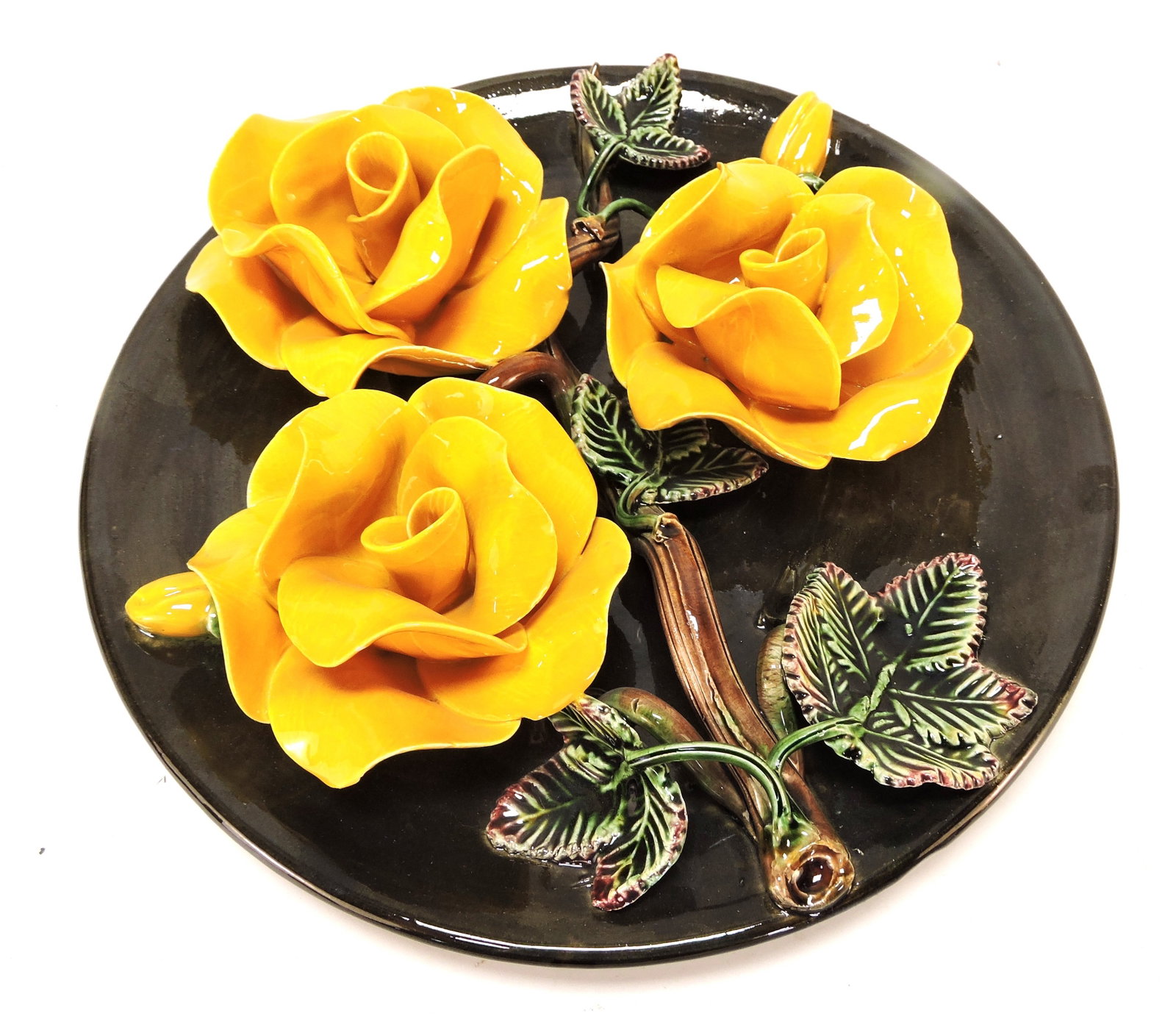 Austrian majolica plaque with yellow roses, (1 of 2)