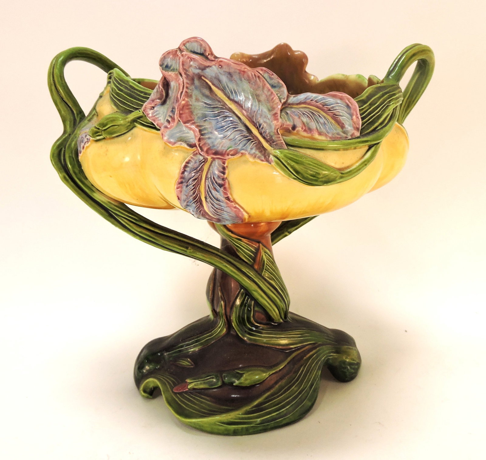 Julius Dressler majolica iris compote,: 11"