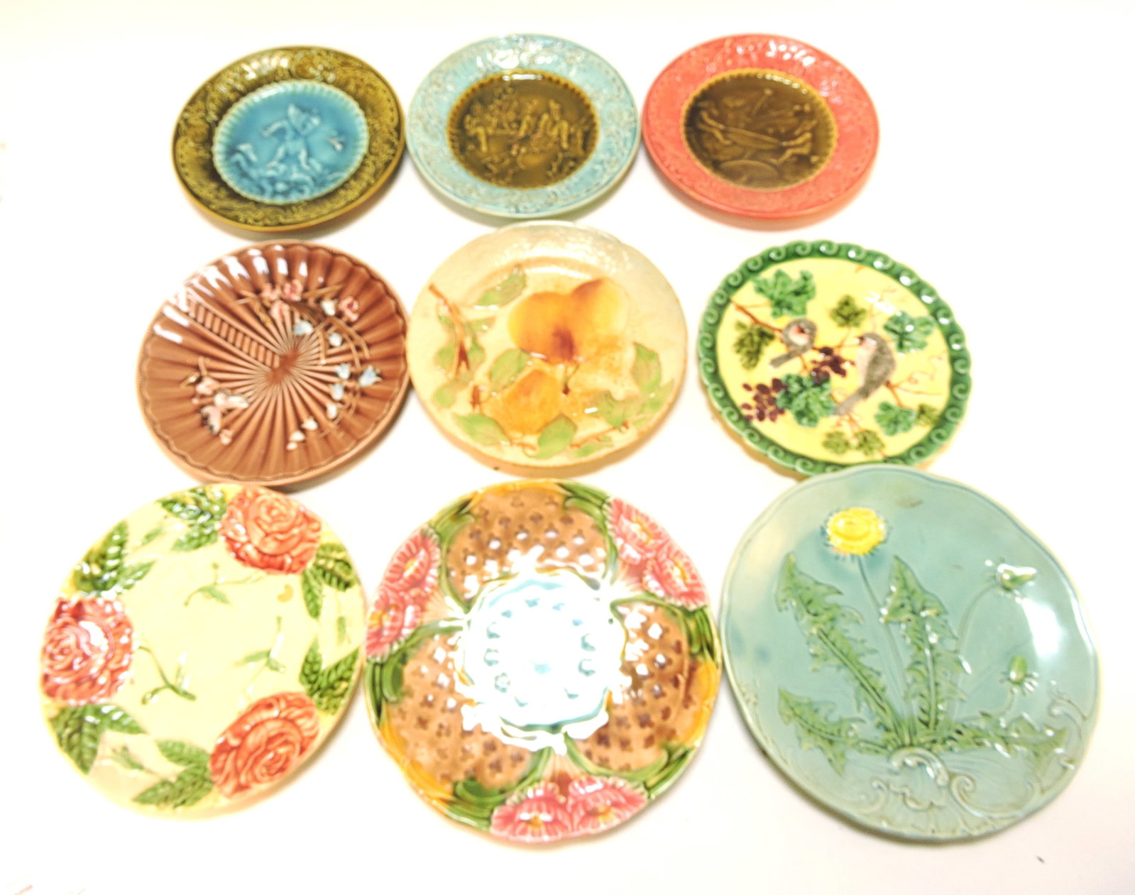 Majolica lot of 9 plates, 7 1/2" to 9",: various condition